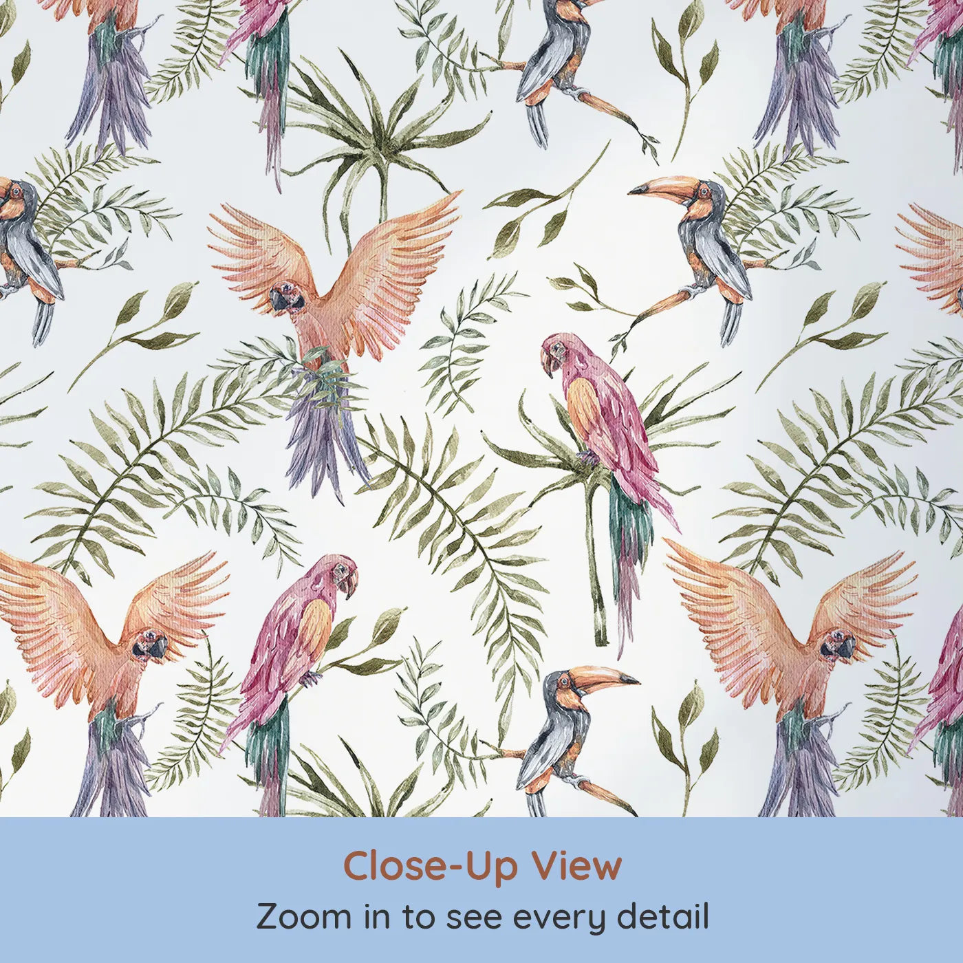 Close-up view of Whimsy Tots' Tropical Bird Canopy Wallpaper in White (W3296).Toucans and parrots perch among leafy green dreams.