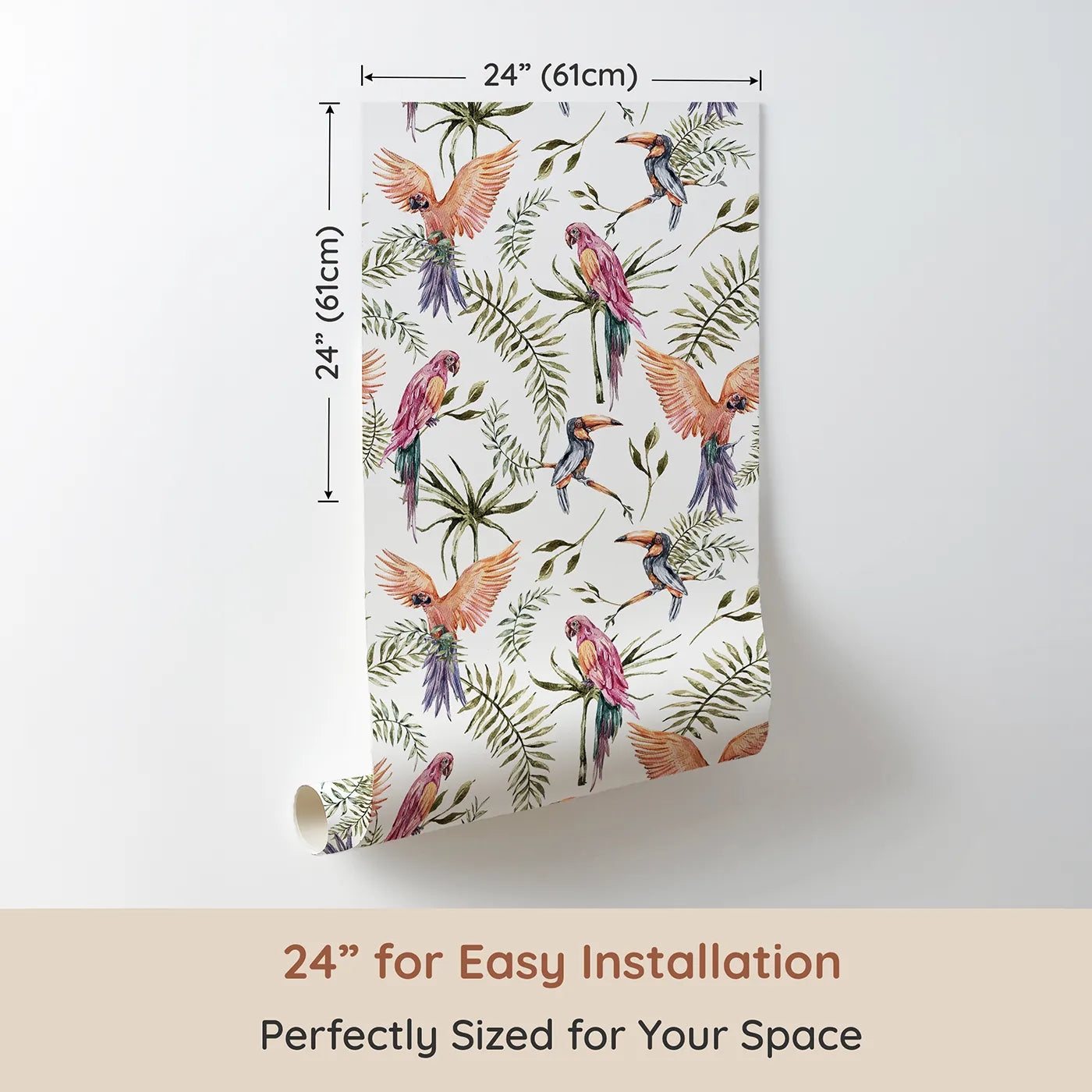 Dimension view of Whimsy Tots Tropical Bird Canopy Wallpaper in White (W3296). Printed in 24-inch-wide panel for easy installation. Toucans and parrots perch among leafy green dreams.