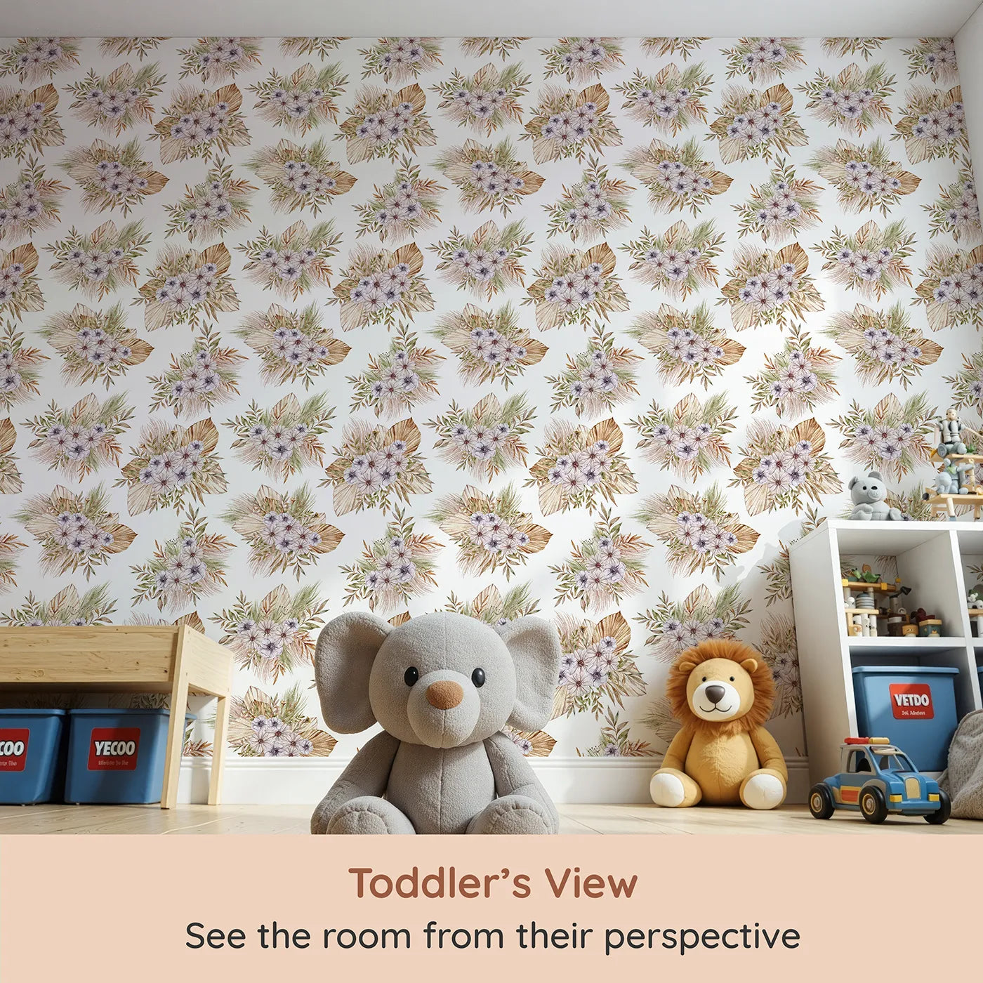 Whimsy Tots Pampas Bloom Bouquet Wallpaper (W3297) from your child's view.Dried pampas and pastel blooms weave gentle boho charm.