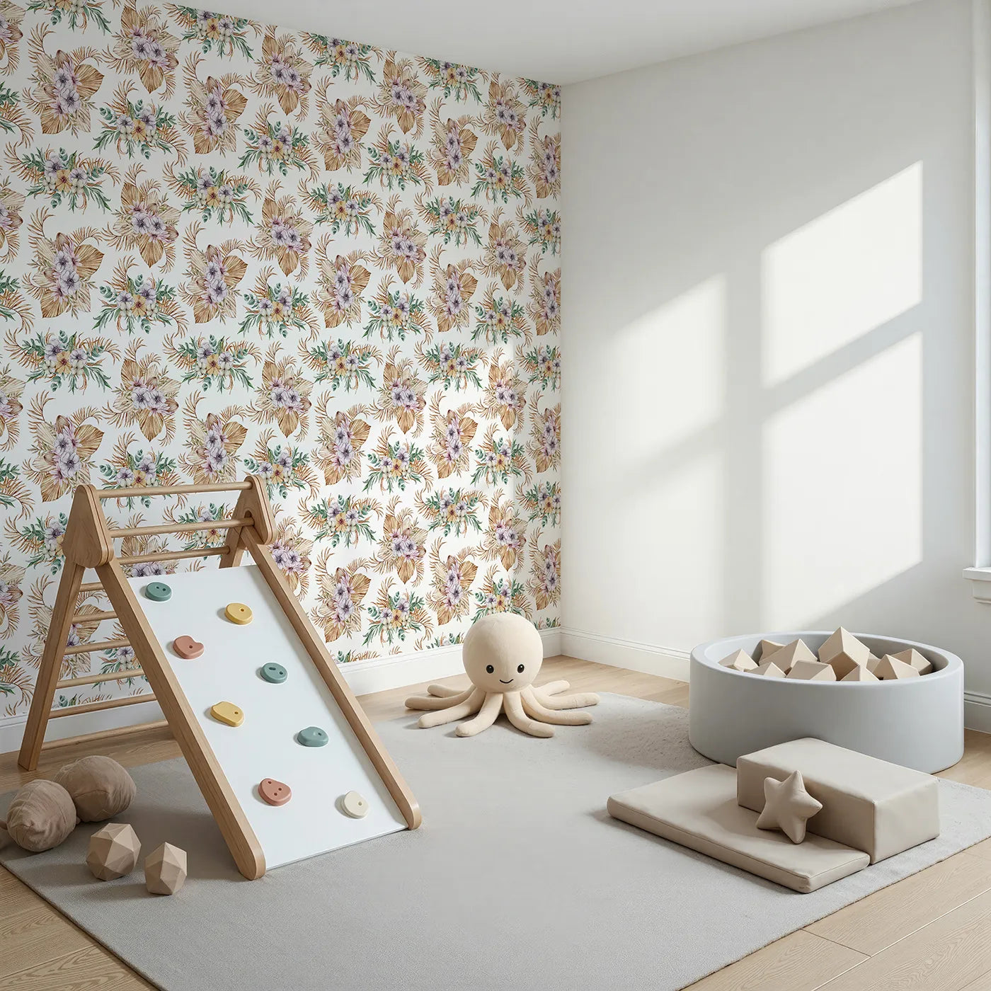 Angled view of Whimsy Tots' Tropical Bloom Medley Wallpaper (W3299).Blush blooms, sun-dried leaves, and tropical greens dance in cozy harmony.