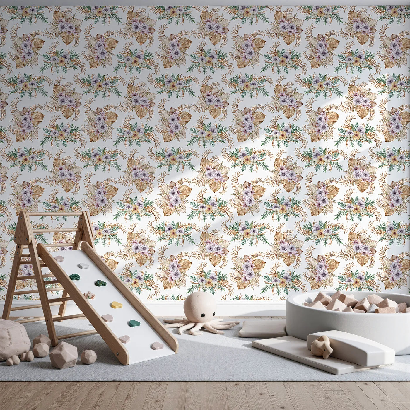 Front view of Whimsy Tots' Tropical Bloom Medley Wallpaper