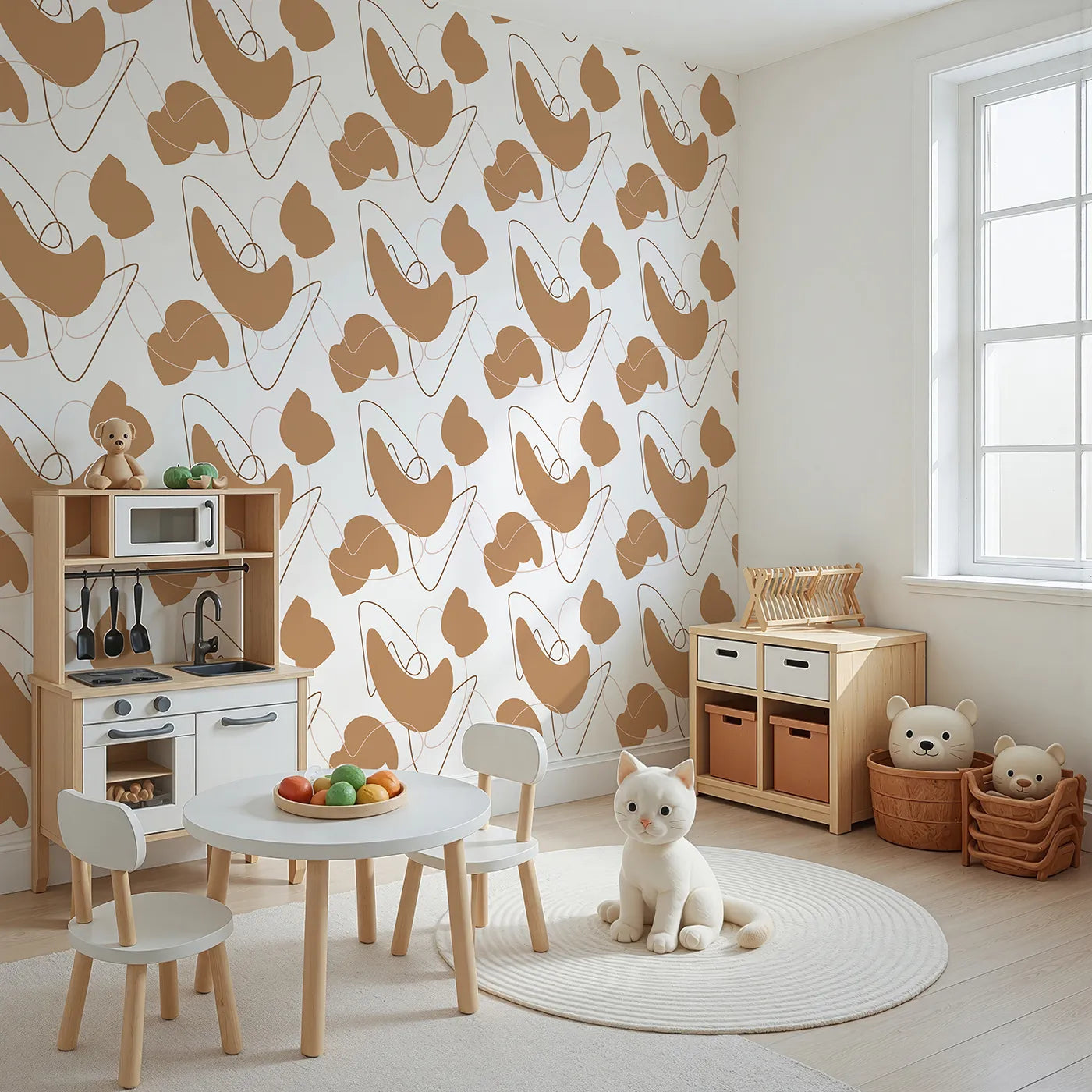 Angled view of Whimsy Tots' Terracotta Whimsy Lines Wallpaper (W3300).Curvy shapes and looping lines create a playful, earthy rhythm.