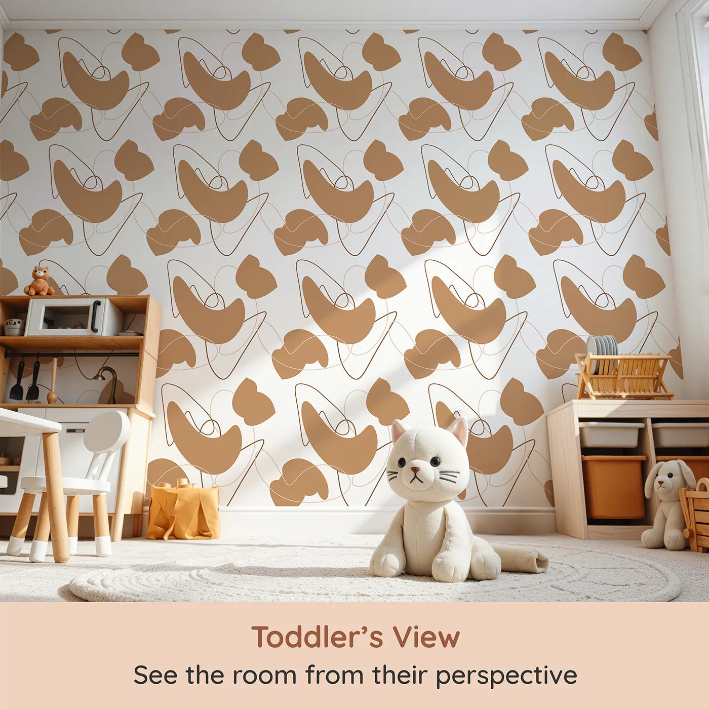 Whimsy Tots Terracotta Whimsy Lines Wallpaper (W3300) from your child's view.Curvy shapes and looping lines create a playful, earthy rhythm.