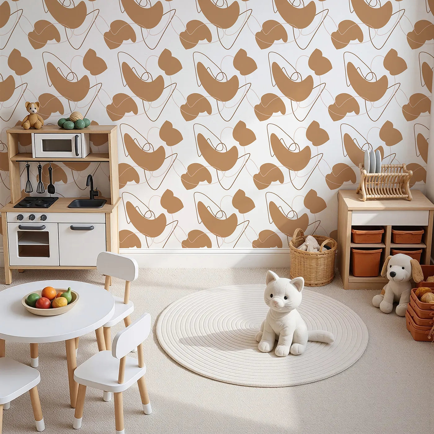 Top-Down view of Whimsy Tots' Terracotta Whimsy Lines Wallpaper (W3300).Curvy shapes and looping lines create a playful, earthy rhythm.