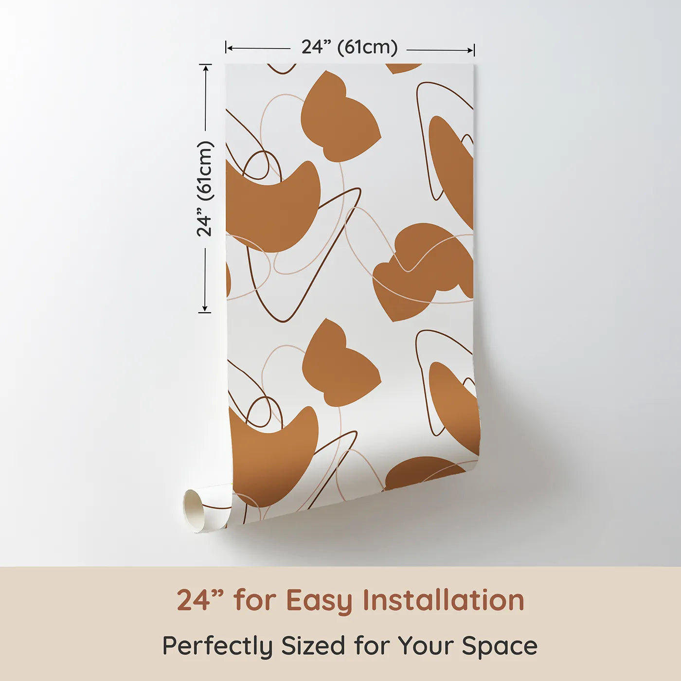 Dimension view of Whimsy Tots Terracotta Whimsy Lines Wallpaper (W3300). Printed in 24-inch-wide panel for easy installation. Curvy shapes and looping lines create a playful, earthy rhythm.