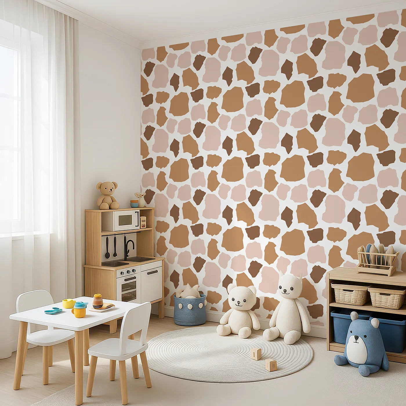 Angled view of Whimsy Tots' Savanna Giraffe Spots Wallpaper (W3301).Oversized giraffe-inspired spots bring playful safari charm to any wall.