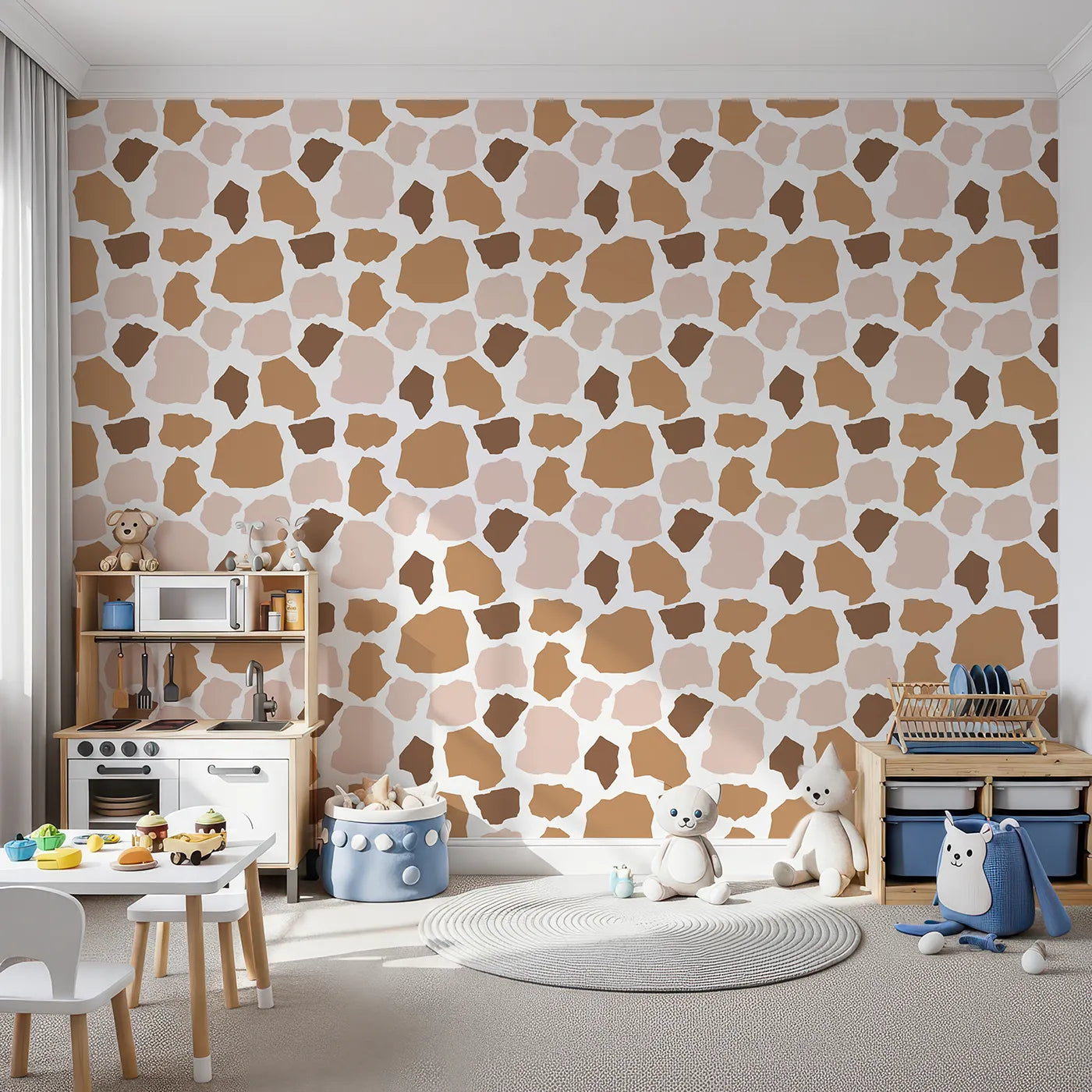 Front view of Whimsy Tots' Savanna Giraffe Spots Wallpaper