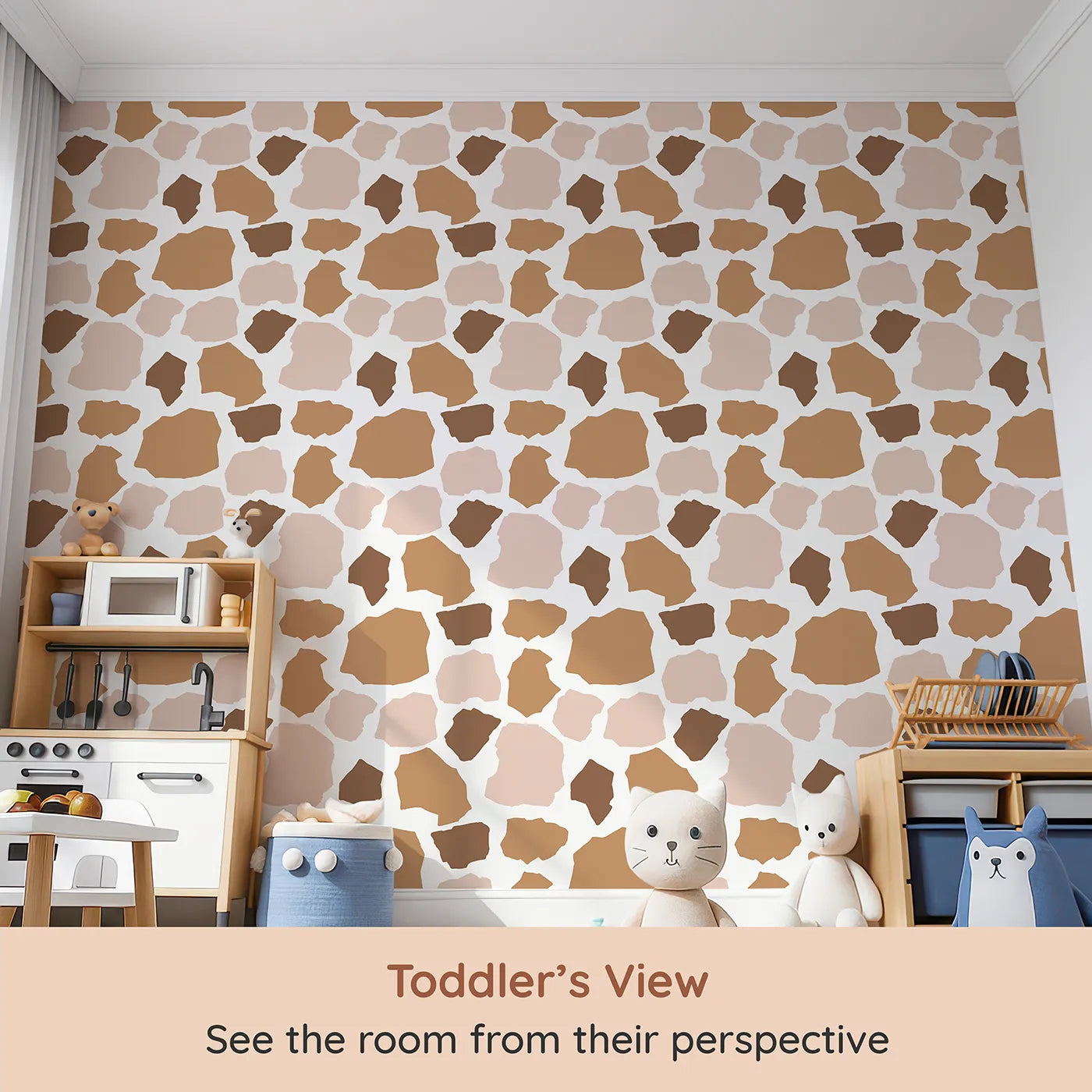 Whimsy Tots Savanna Giraffe Spots Wallpaper (W3301) from your child's view.Oversized giraffe-inspired spots bring playful safari charm to any wall.