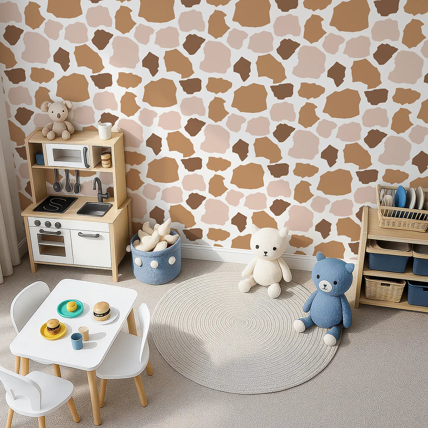 Top-Down view of Whimsy Tots' Savanna Giraffe Spots Wallpaper (W3301).Oversized giraffe-inspired spots bring playful safari charm to any wall.