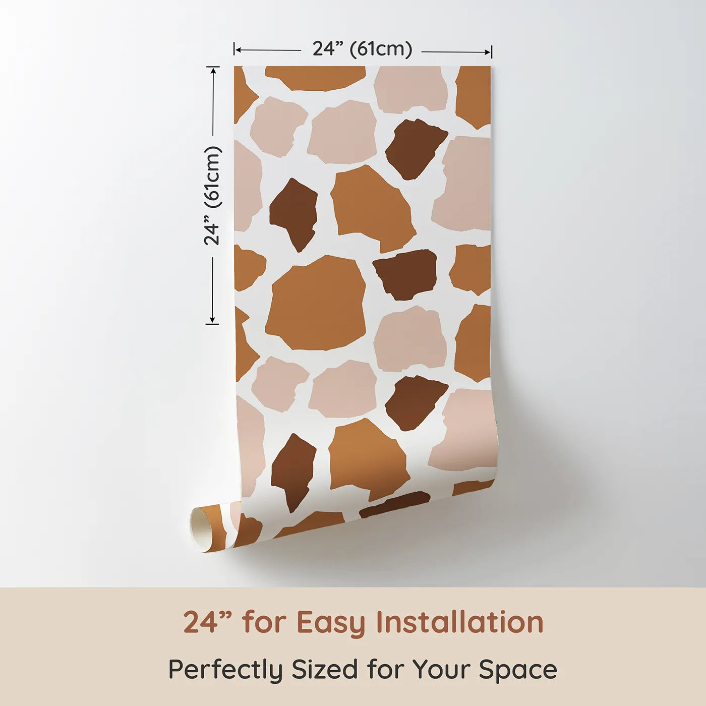 Dimension view of Whimsy Tots Savanna Giraffe Spots Wallpaper (W3301). Printed in 24-inch-wide panel for easy installation. Oversized giraffe-inspired spots bring playful safari charm to any wall.