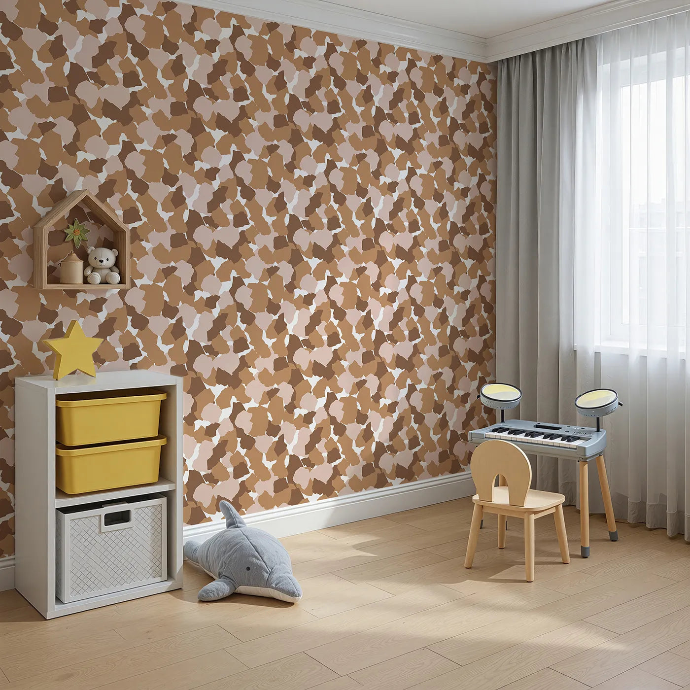 Angled view of Whimsy Tots' Savanna Giraffe Scatter Wallpaper (W3302).Small, scattered giraffe spots create a lively safari-inspired rhythm.