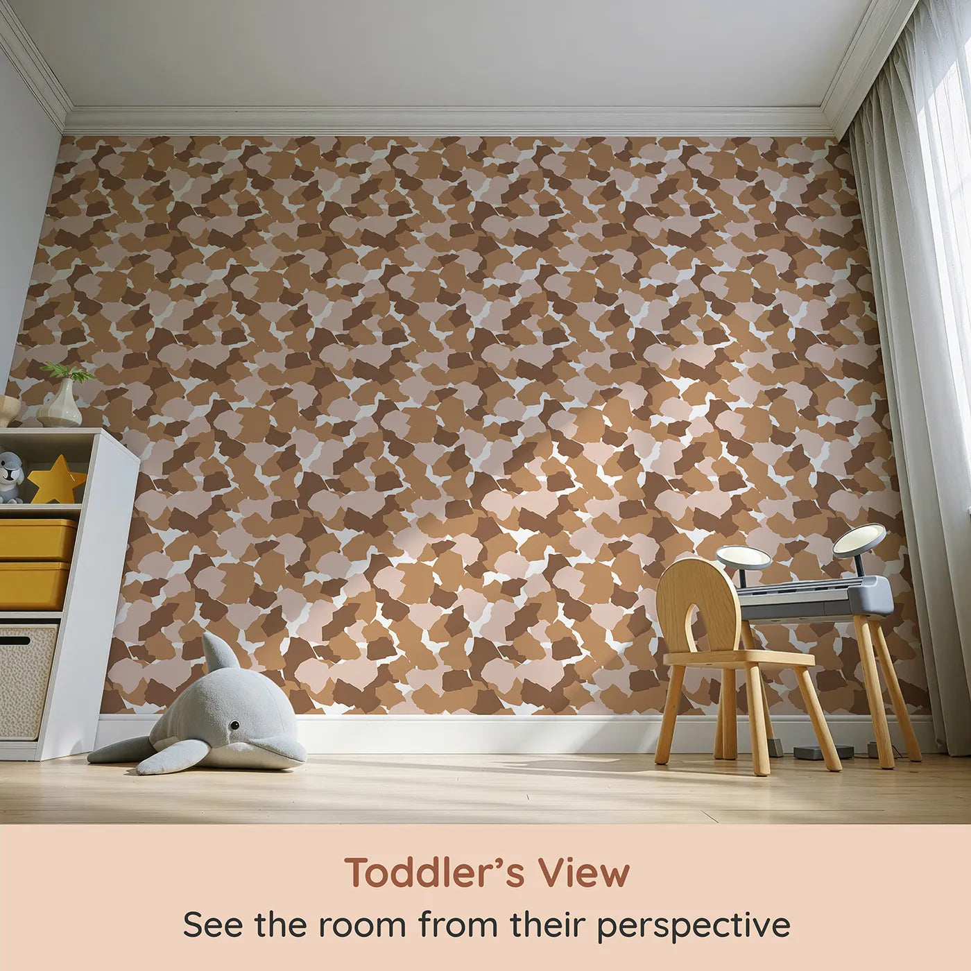 Whimsy Tots Savanna Giraffe Scatter Wallpaper (W3302) from your child's view.Small, scattered giraffe spots create a lively safari-inspired rhythm.