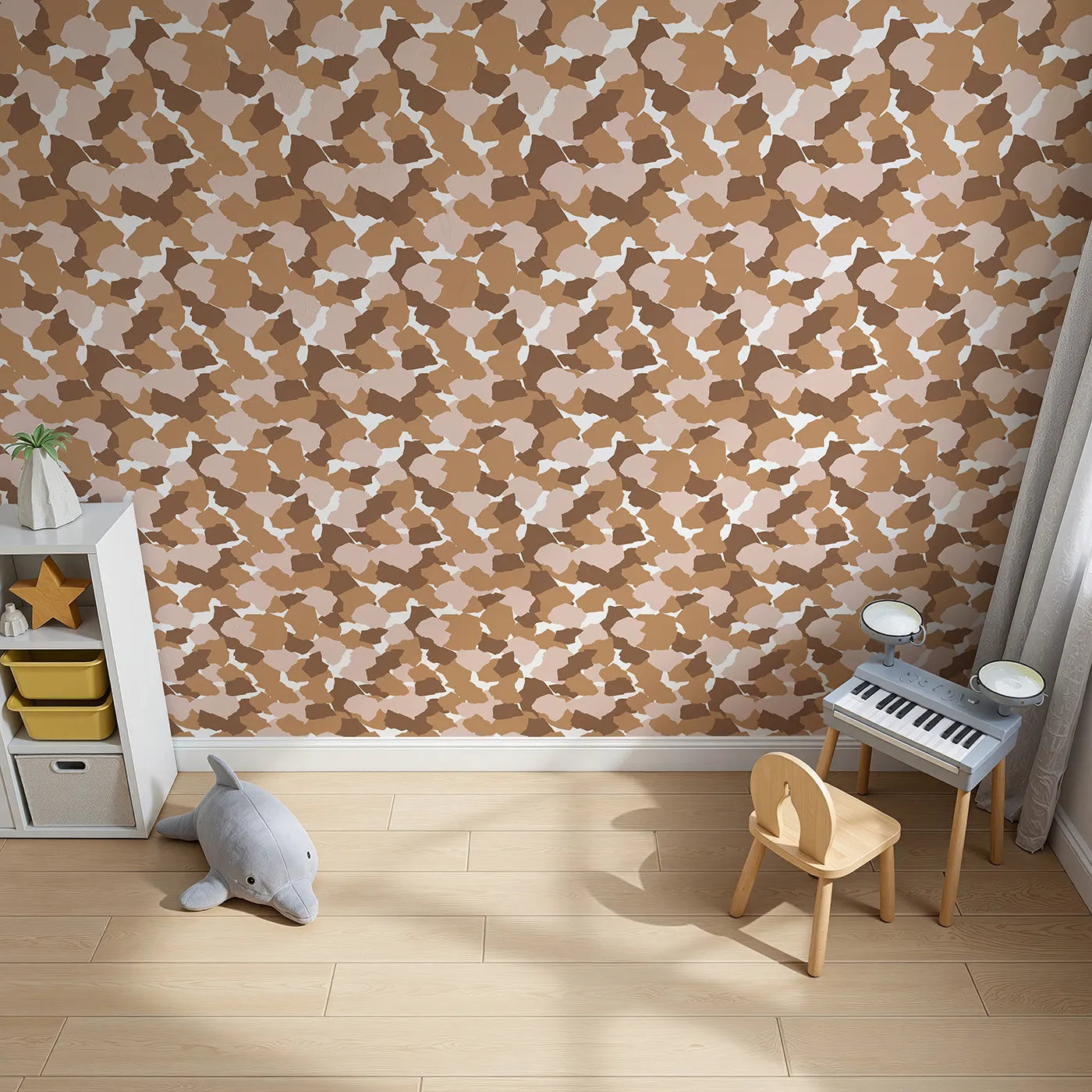 Top-Down view of Whimsy Tots' Savanna Giraffe Scatter Wallpaper (W3302).Small, scattered giraffe spots create a lively safari-inspired rhythm.