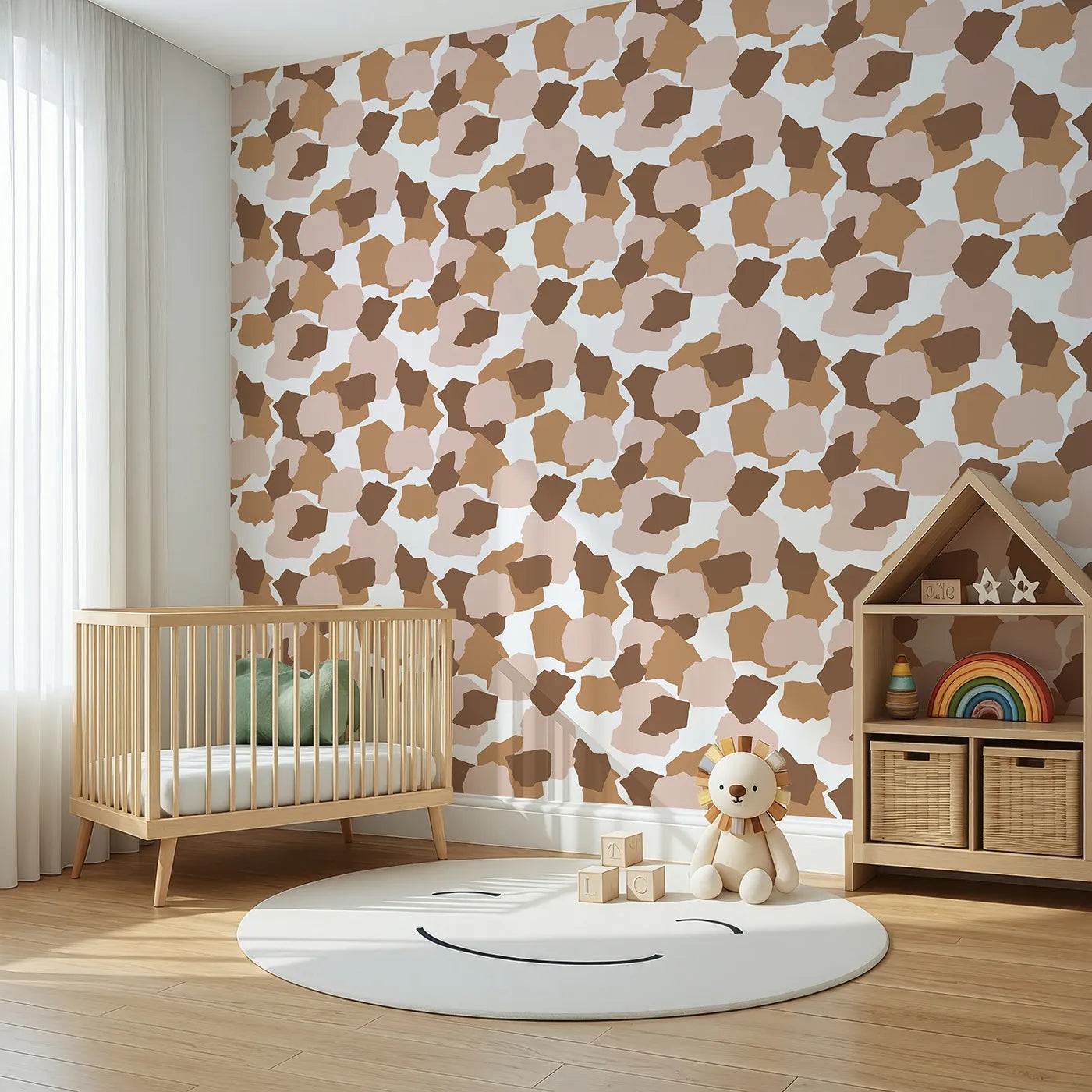 Angled view of Whimsy Tots' Savanna Giraffe Tumble Wallpaper (W3303).Tumbling giraffe spots in warm hues bring movement and charm.