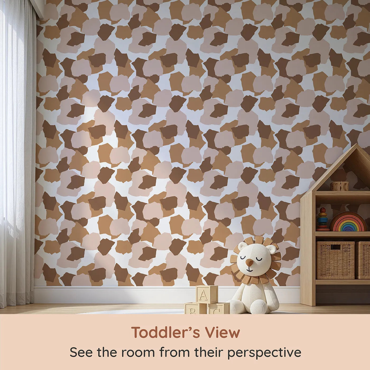 Whimsy Tots Savanna Giraffe Tumble Wallpaper (W3303) from your child's view.Tumbling giraffe spots in warm hues bring movement and charm.