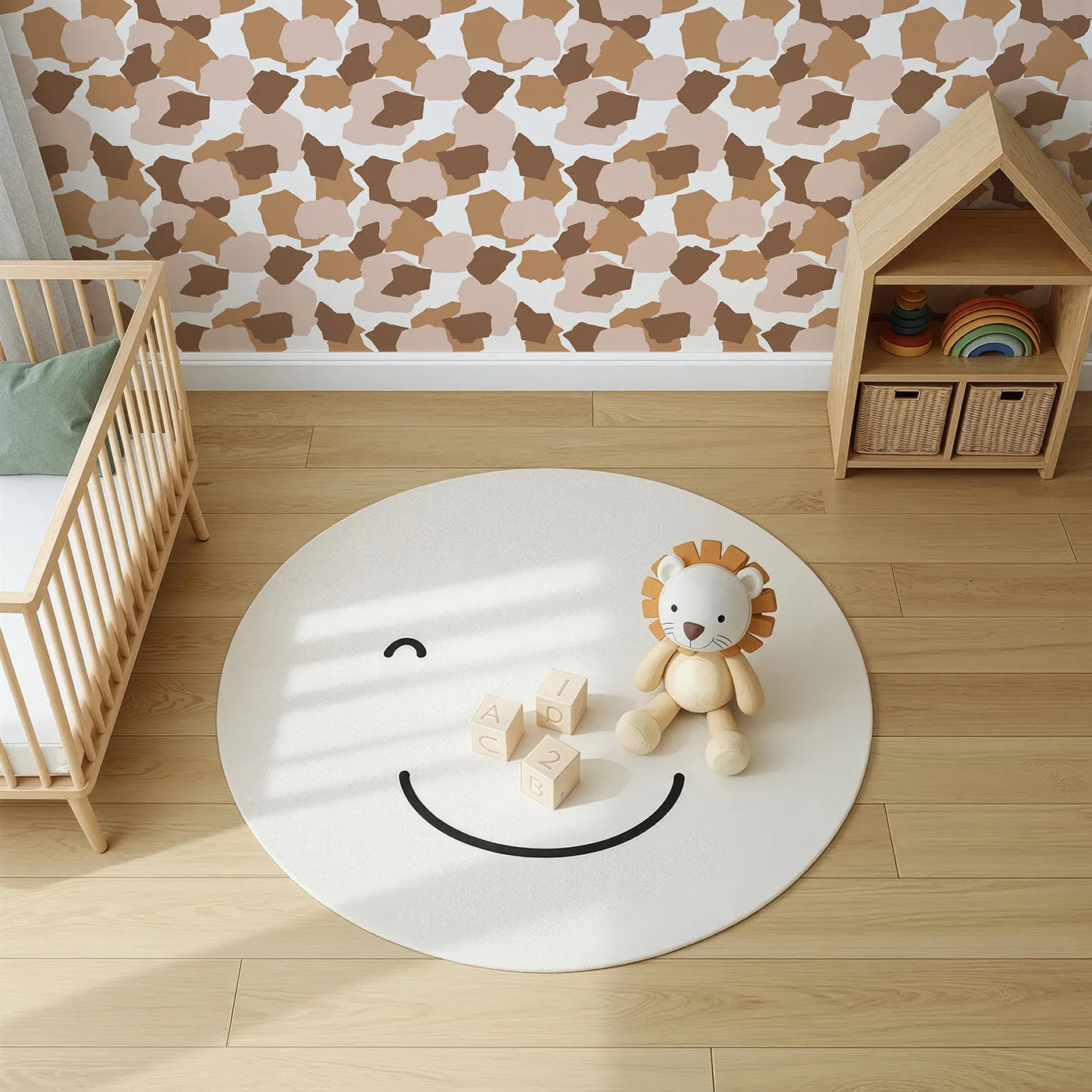 Top-Down view of Whimsy Tots' Savanna Giraffe Tumble Wallpaper (W3303).Tumbling giraffe spots in warm hues bring movement and charm.