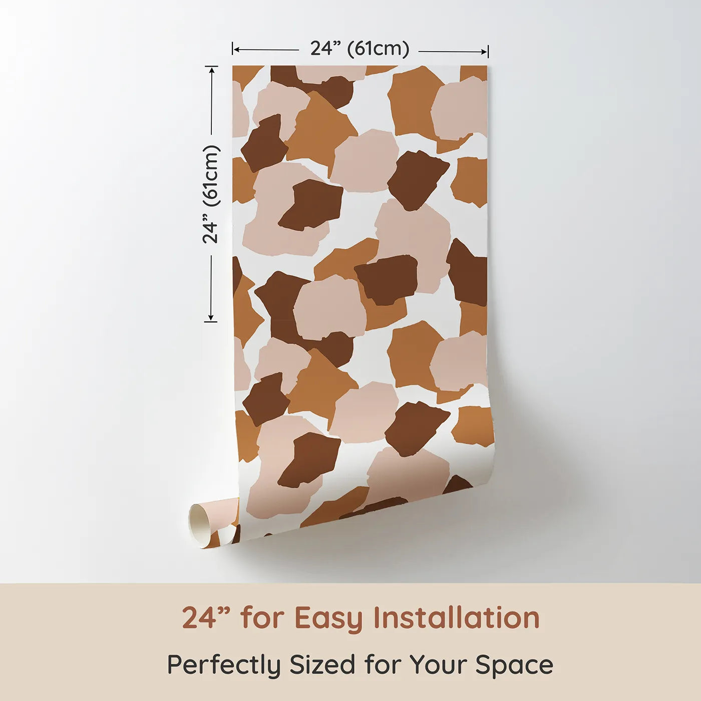 Dimension view of Whimsy Tots Savanna Giraffe Tumble Wallpaper (W3303). Printed in 24-inch-wide panel for easy installation. Tumbling giraffe spots in warm hues bring movement and charm.