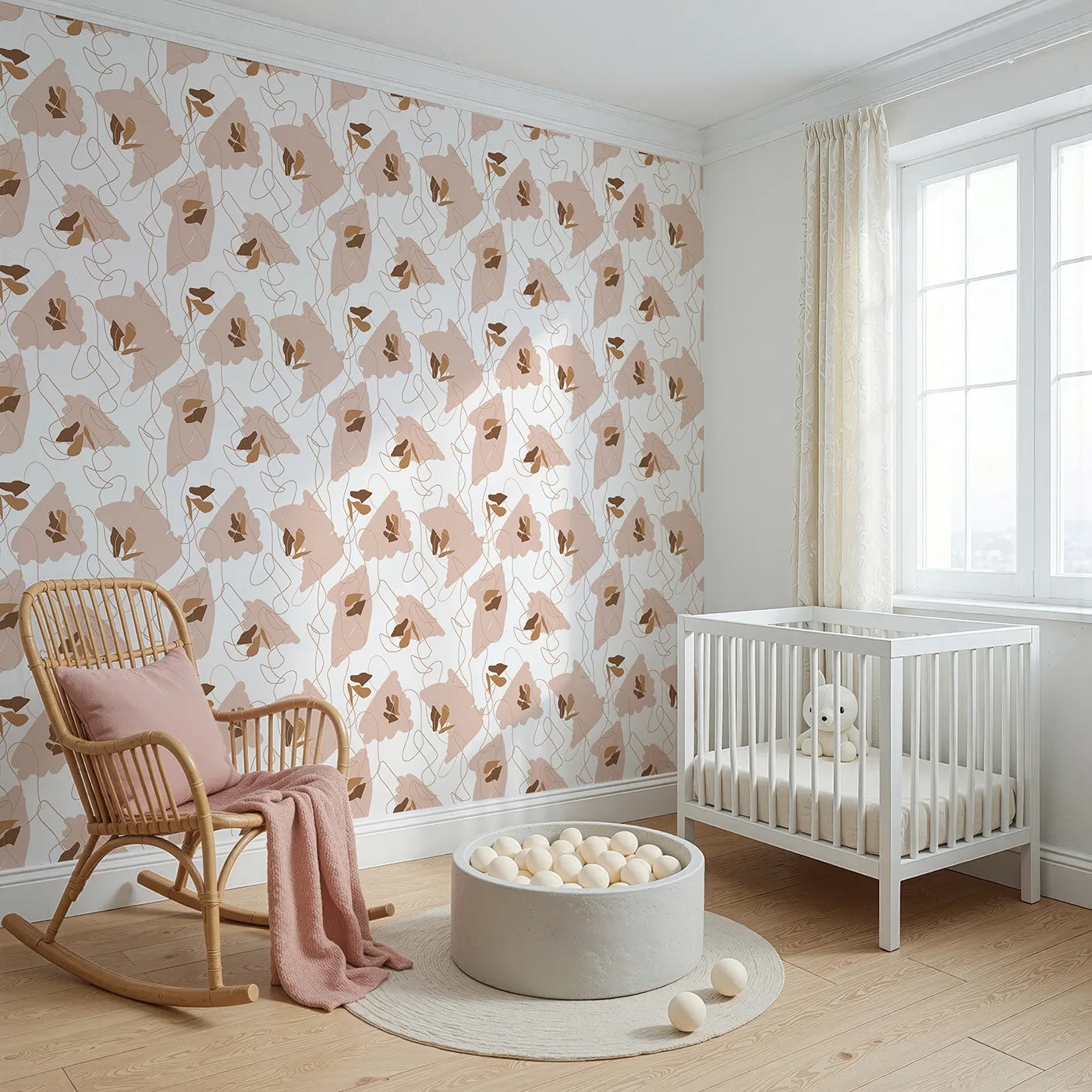 Angled view of Whimsy Tots' Desert Whimsy Scribbles Wallpaper (W3304).Abstract blobs and floating lines drift like warm desert breezes.