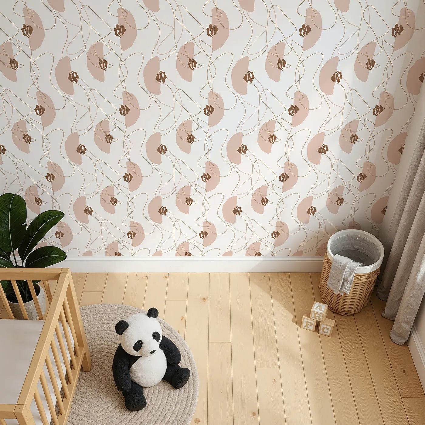 Top-Down view of Whimsy Tots' Desert Whimsy Scribbles II Wallpaper (W3305).Gentle curves and earthy blobs float through airy desert light.