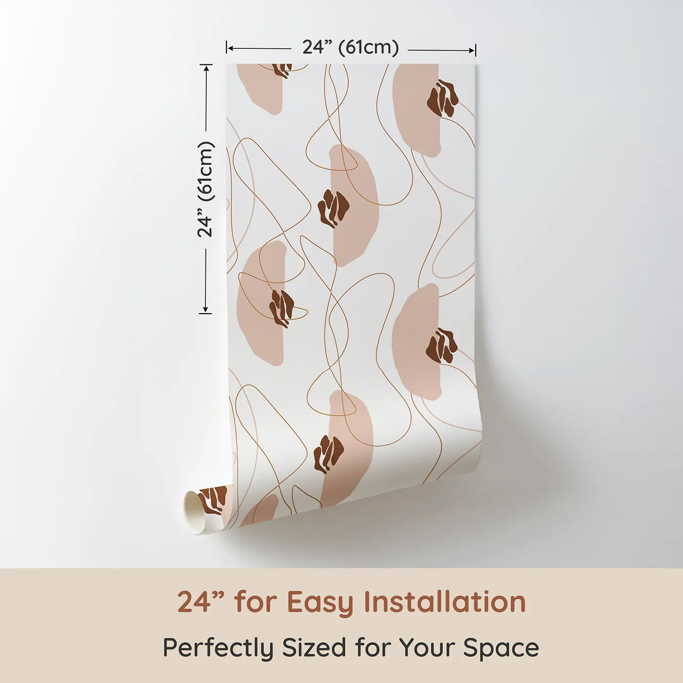 Dimension view of Whimsy Tots Desert Whimsy Scribbles II Wallpaper (W3305). Printed in 24-inch-wide panel for easy installation. Gentle curves and earthy blobs float through airy desert light.