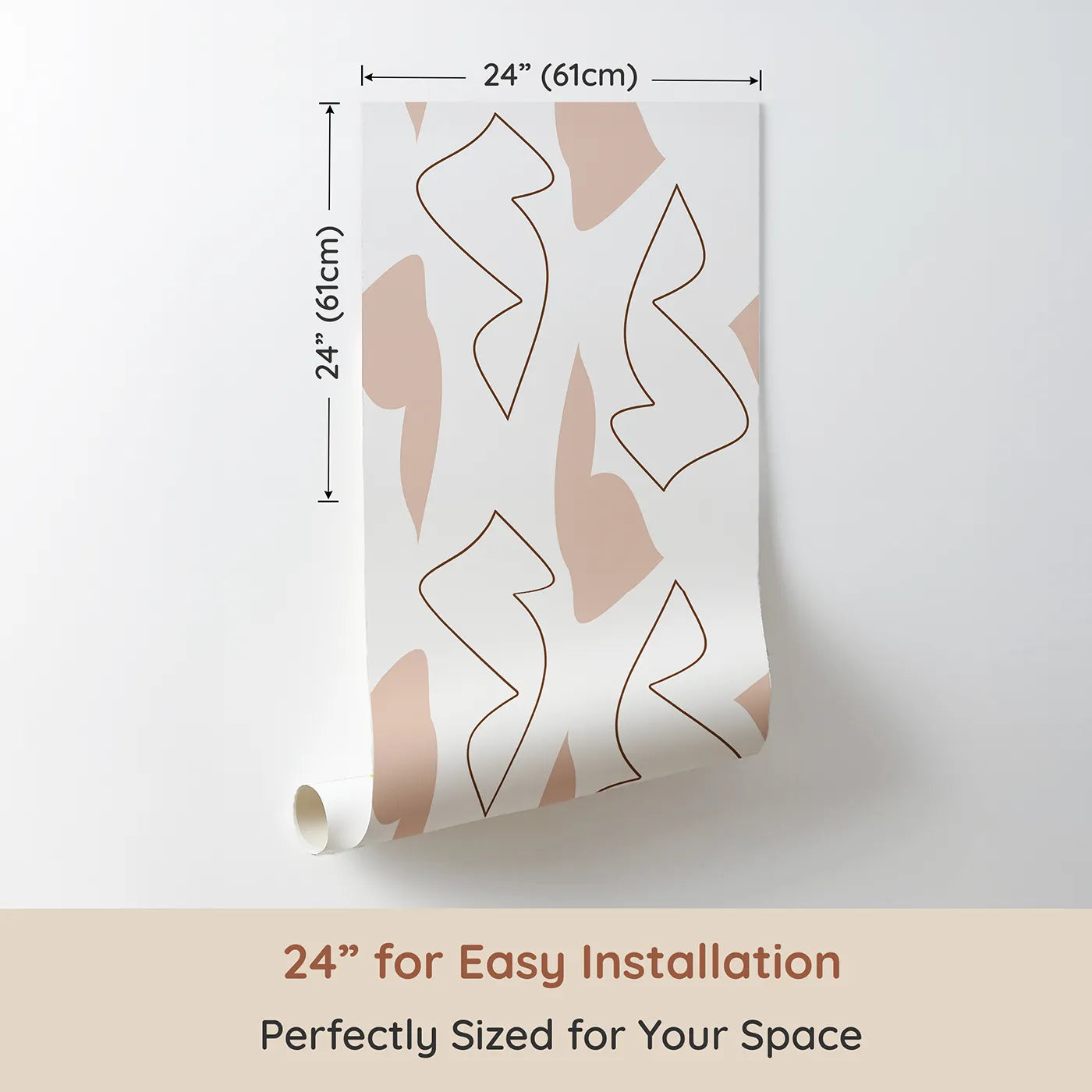 Dimension view of Whimsy Tots Abstract Dune Curves Wallpaper (W3306). Printed in 24-inch-wide panel for easy installation. Oversized curves and gentle shapes create a sculptural desert rhythm.