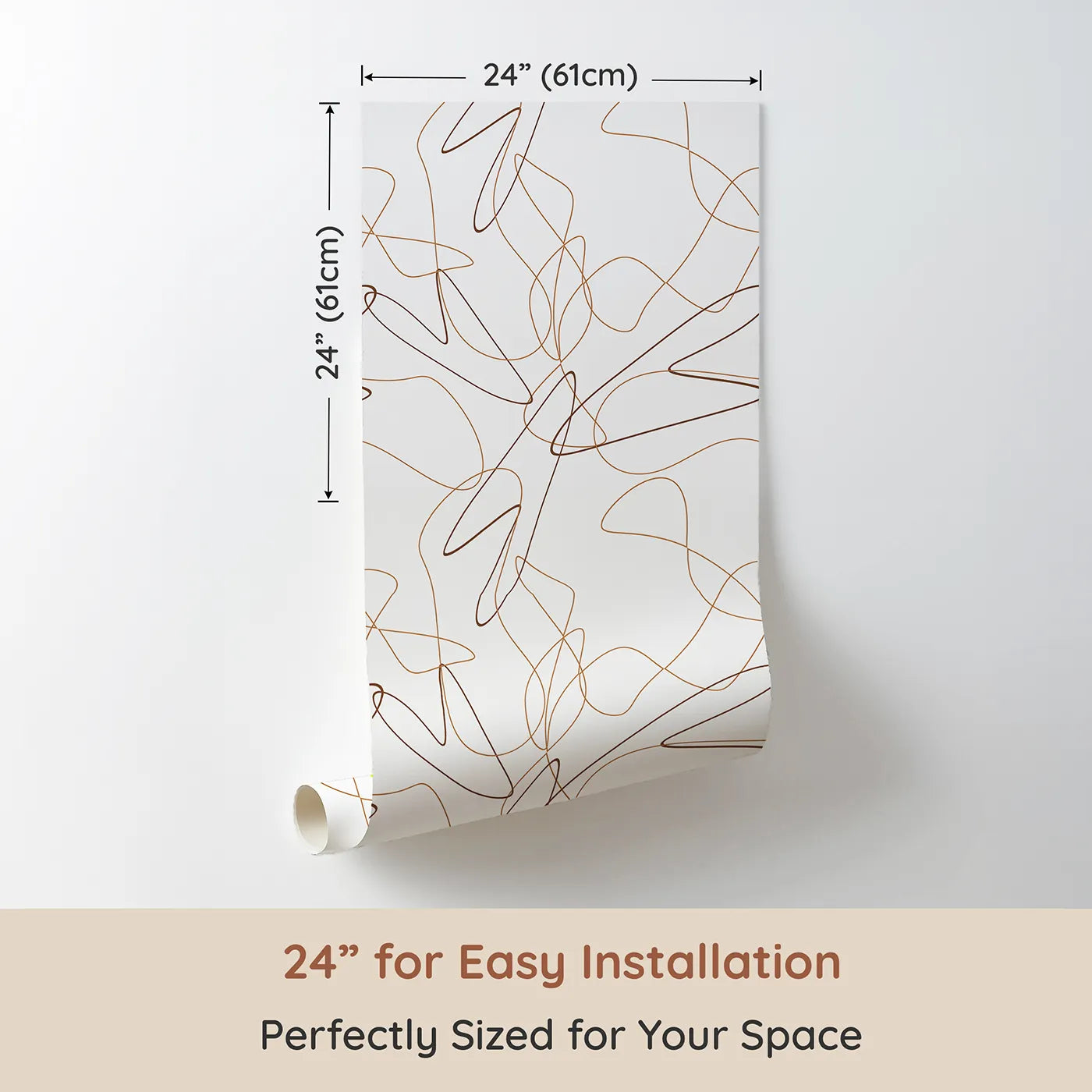 Dimension view of Whimsy Tots Abstract Whimsy Scribbles Wallpaper (W3308). Printed in 24-inch-wide panel for easy installation. Freeform lines in warm earth tones dance like joyful doodles.