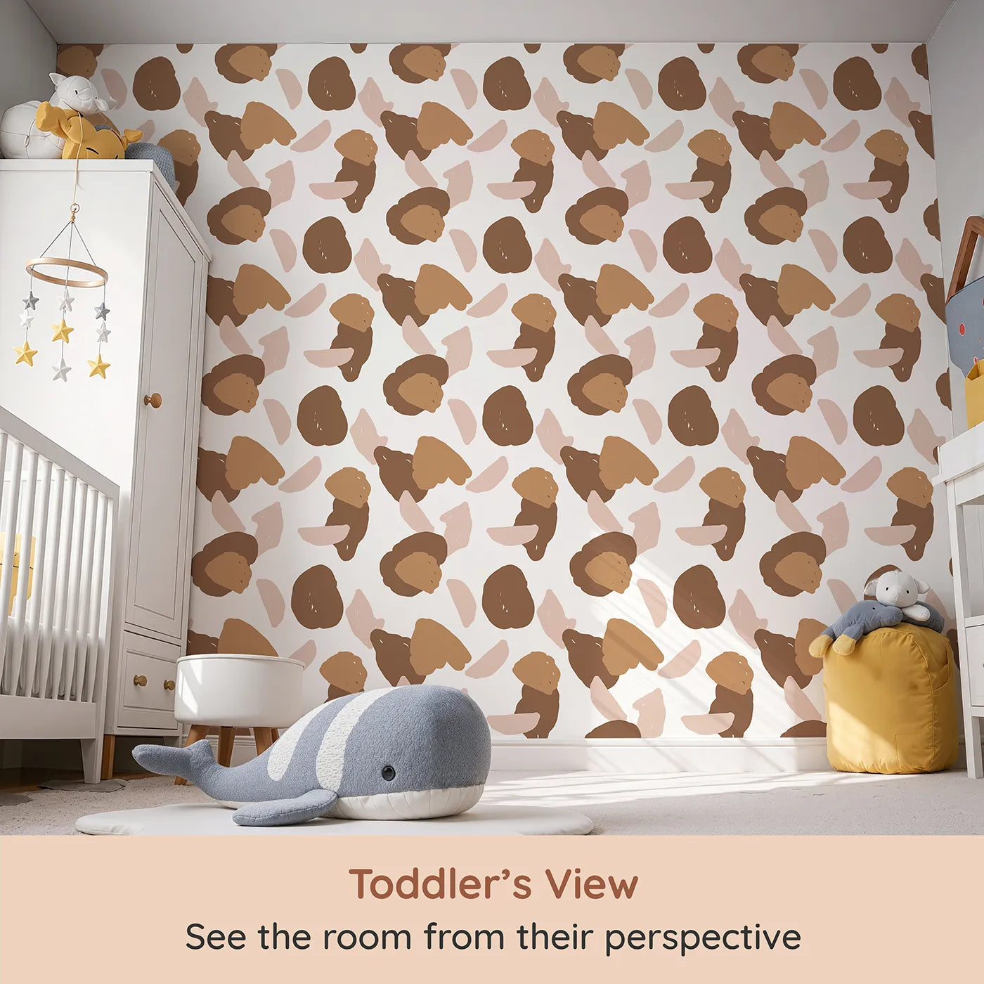 Whimsy Tots Desert Pebble Scatter Wallpaper (W3309) from your child's view.Rounded abstract pebbles in desert hues dance across the wall.