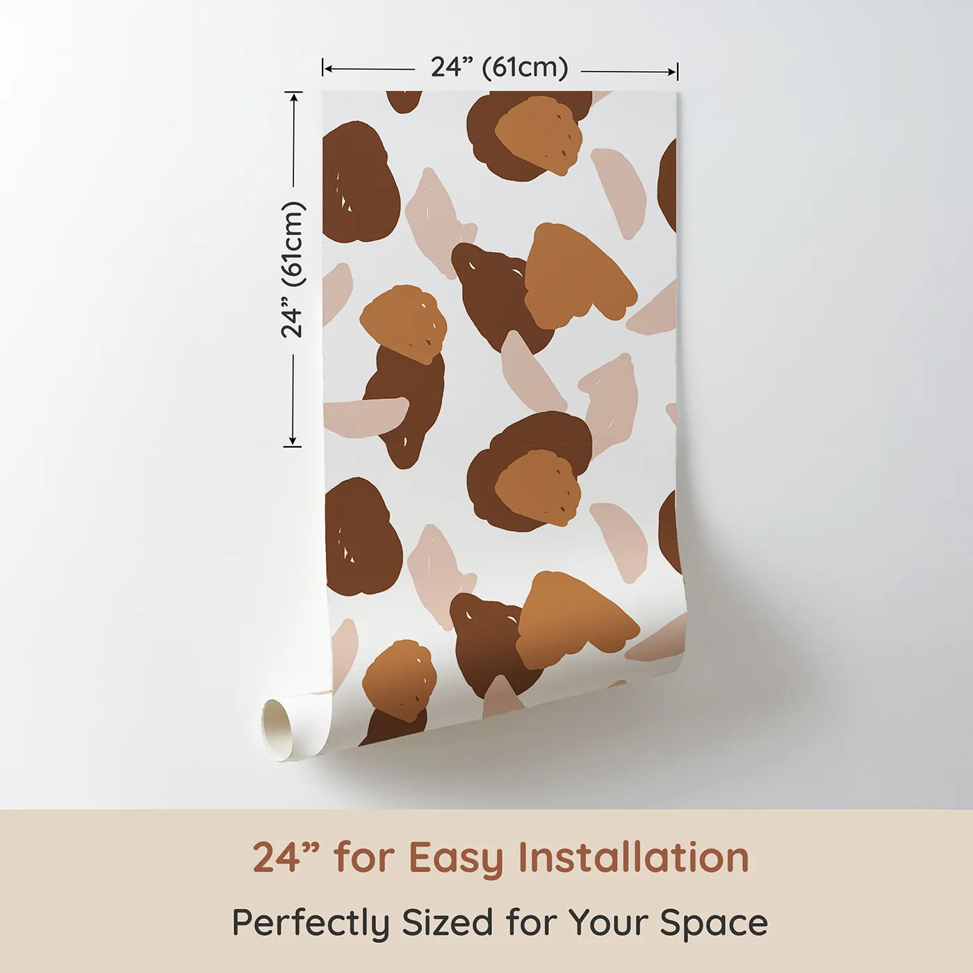 Dimension view of Whimsy Tots Desert Pebble Scatter Wallpaper (W3309). Printed in 24-inch-wide panel for easy installation. Rounded abstract pebbles in desert hues dance across the wall.