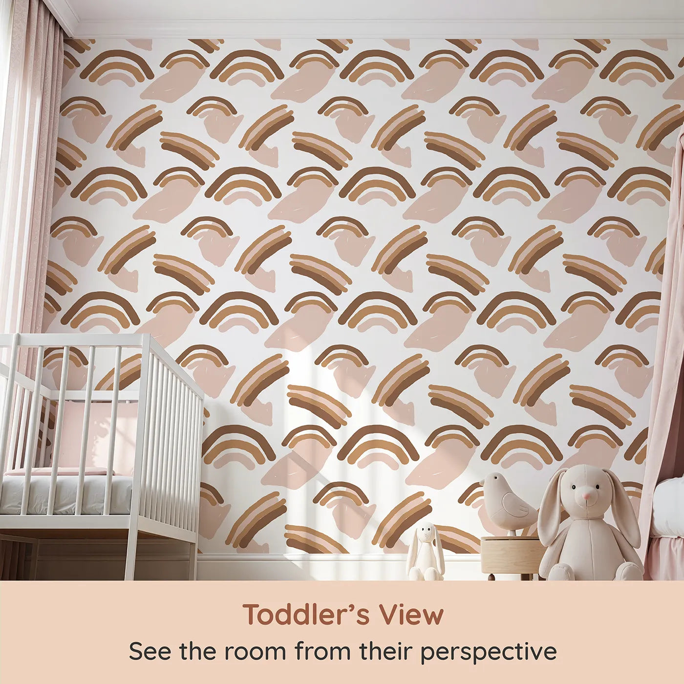 Whimsy Tots Sunset Rainbow Loops Wallpaper (W3311) from your child's view.Soft arches and blush tones wrap the room in gentle movement.