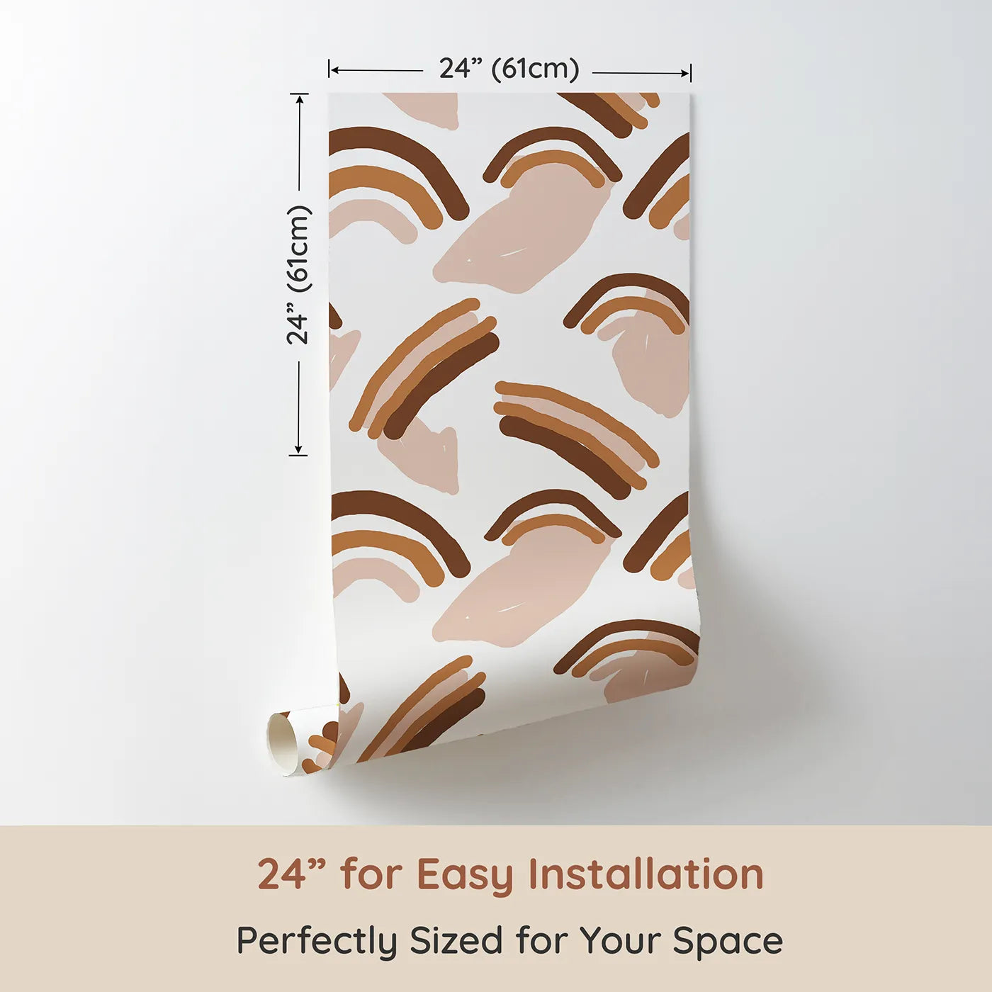 Dimension view of Whimsy Tots Sunset Rainbow Loops Wallpaper (W3311). Printed in 24-inch-wide panel for easy installation. Soft arches and blush tones wrap the room in gentle movement.