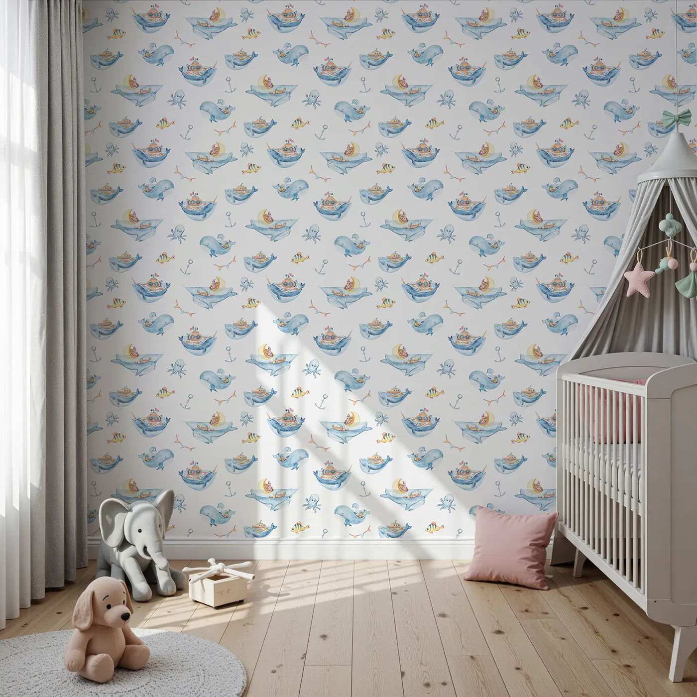 Front view of Whimsy Tots' Whale Submarine Adventure Wallpaper in White