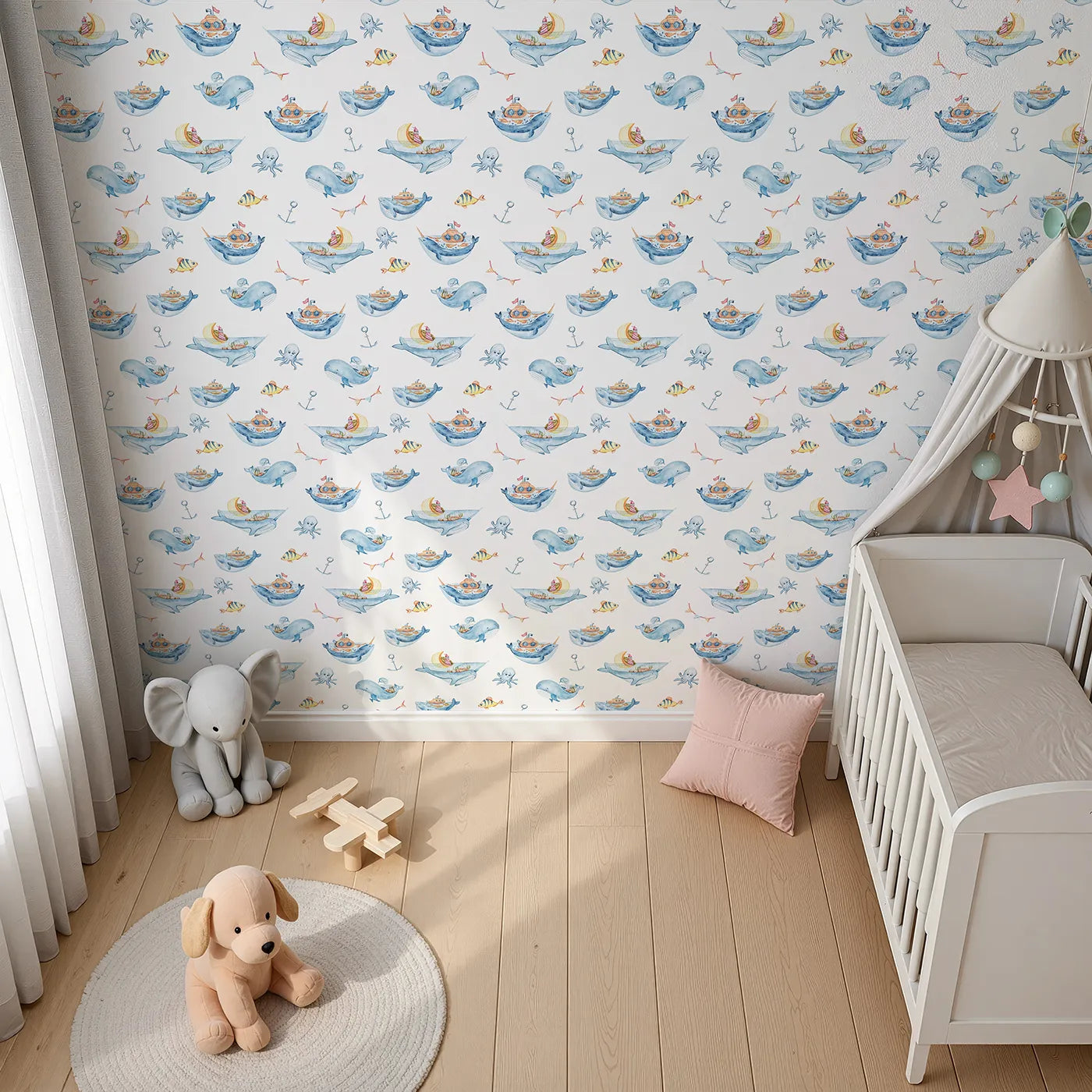 Top-Down view of Whimsy Tots' Whale Submarine Adventure Wallpaper in White (W3312A).Whales and submarines sail young minds toward endless stories.