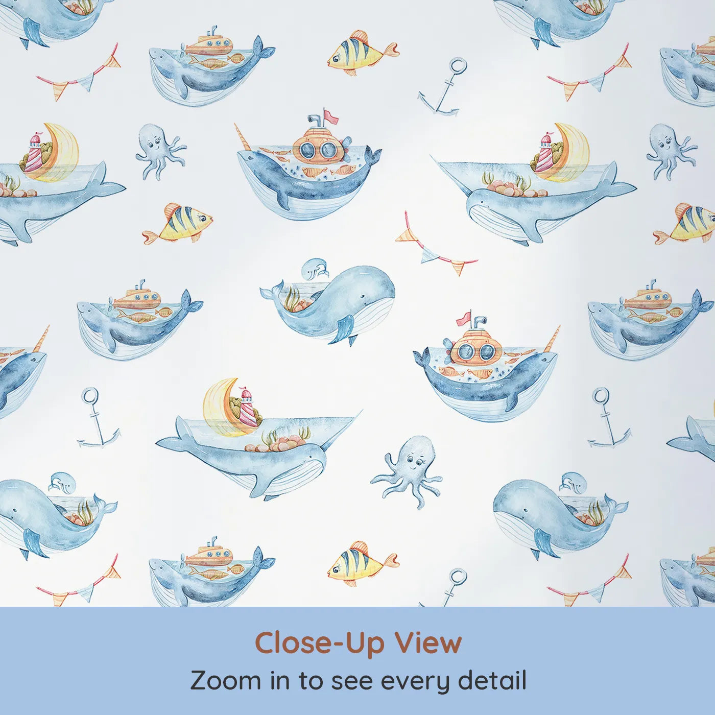 Close-up view of Whimsy Tots' Whale Submarine Adventure Wallpaper in White (W3312A).Whales and submarines sail young minds toward endless stories.