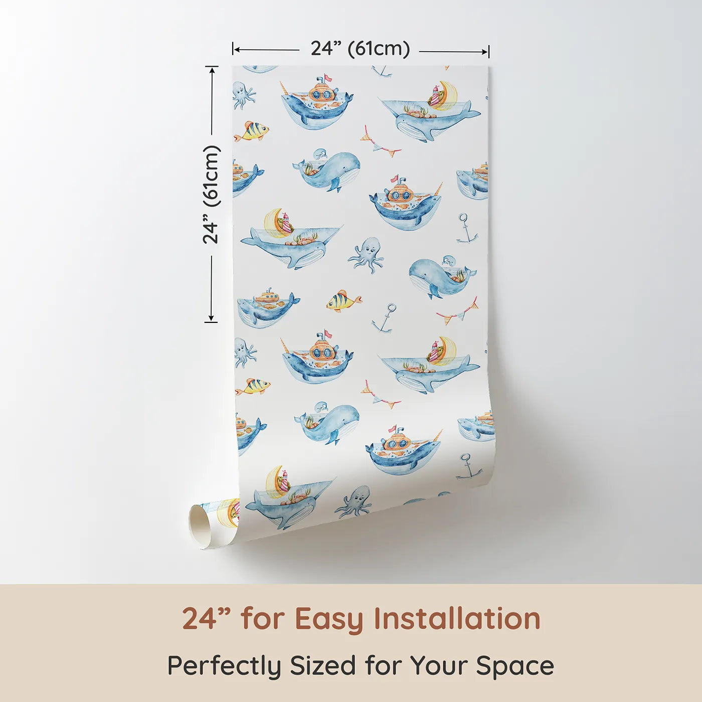 Dimension view of Whimsy Tots Whale Submarine Adventure Wallpaper in White (W3312A). Printed in 24-inch-wide panel for easy installation. Whales and submarines sail young minds toward endless stories.