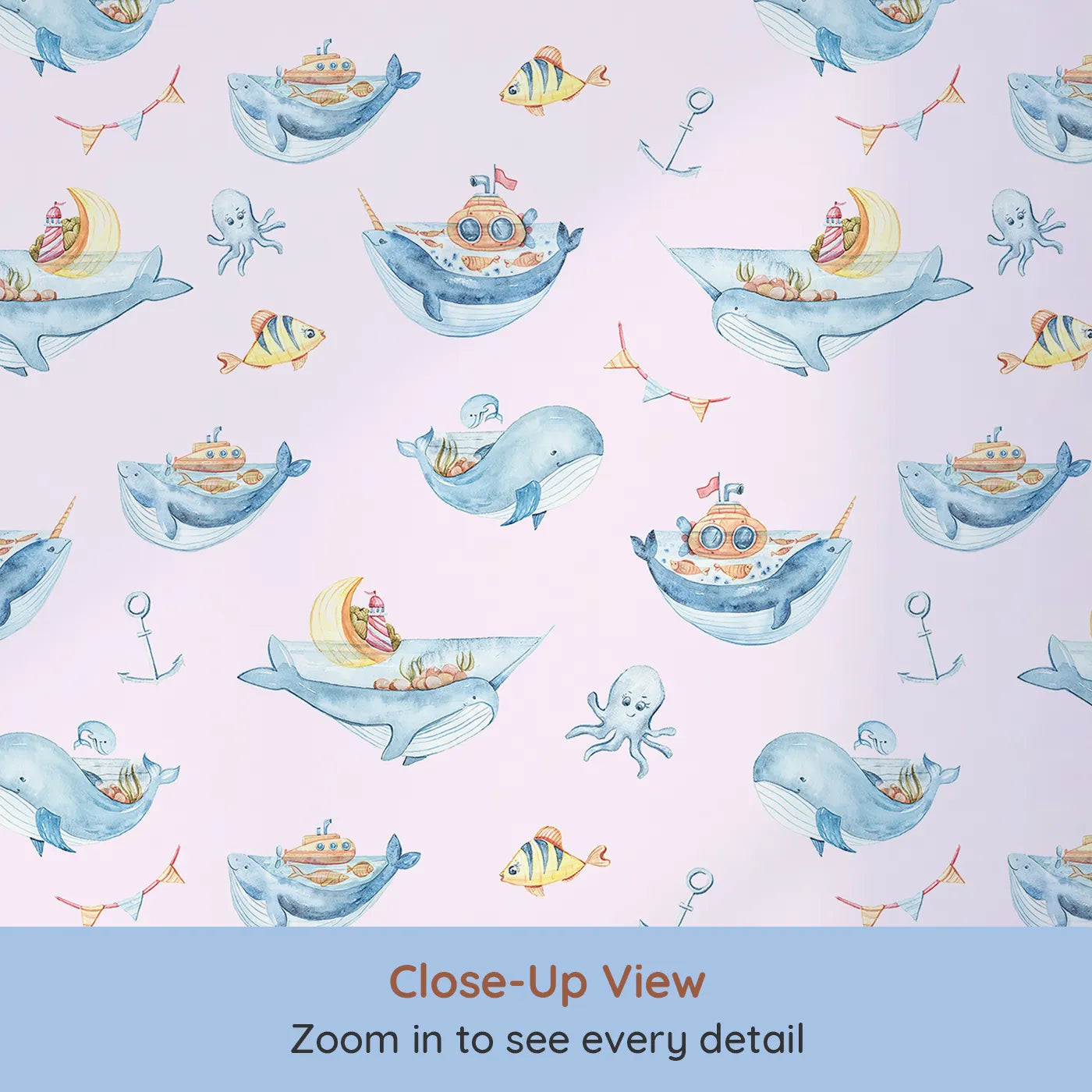 Close-up view of Whimsy Tots' Whale Submarine Adventure Wallpaper in Blush Pink (W3312B).Whales and submarines sail young minds toward endless stories.