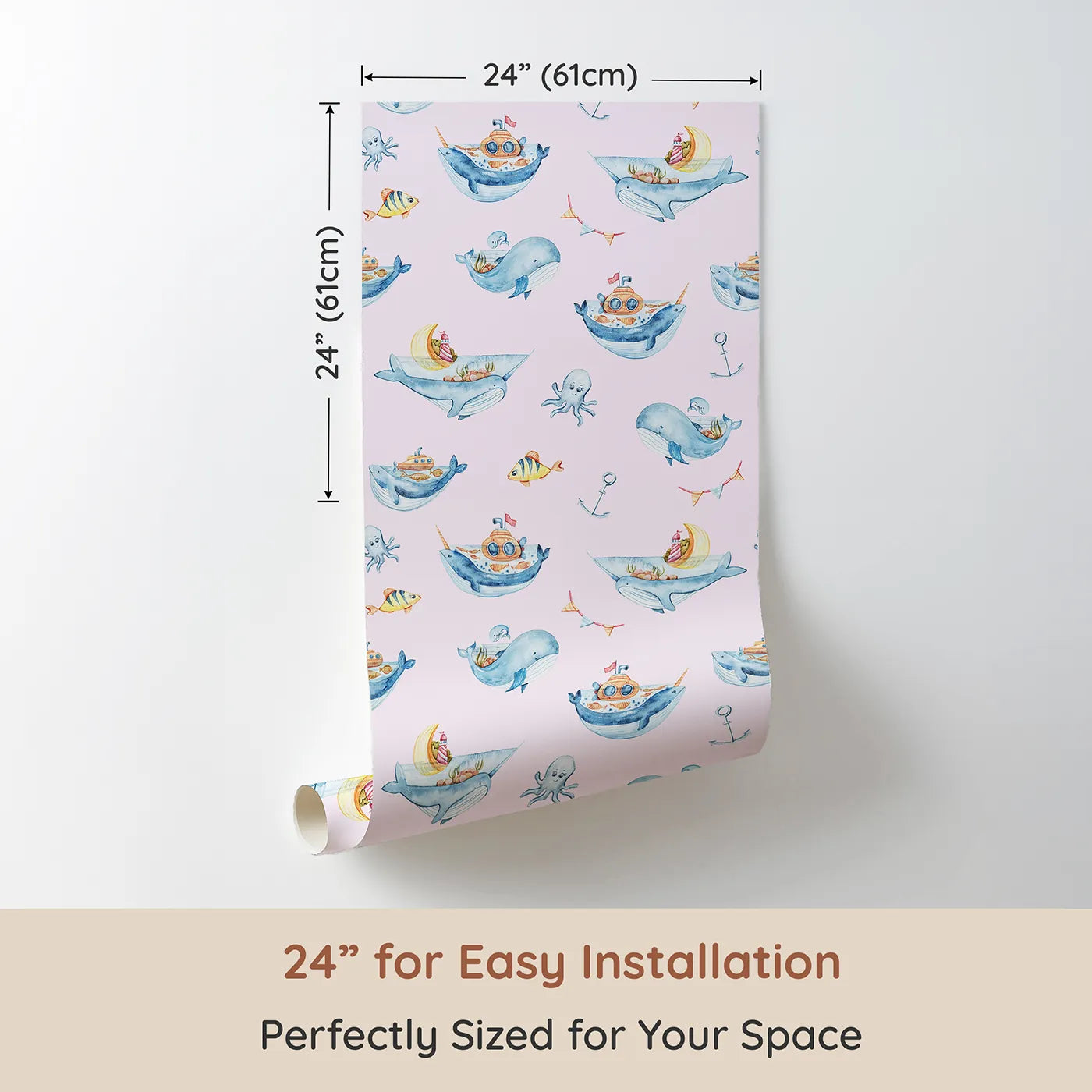 Dimension view of Whimsy Tots Whale Submarine Adventure Wallpaper in Blush Pink (W3312B). Printed in 24-inch-wide panel for easy installation. Whales and submarines sail young minds toward endless stories.