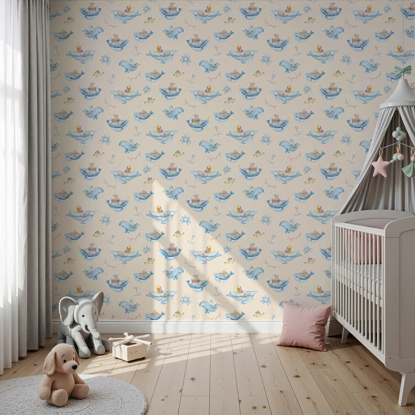 Front view of Whimsy Tots' Whale Submarine Adventure Wallpaper in Beige