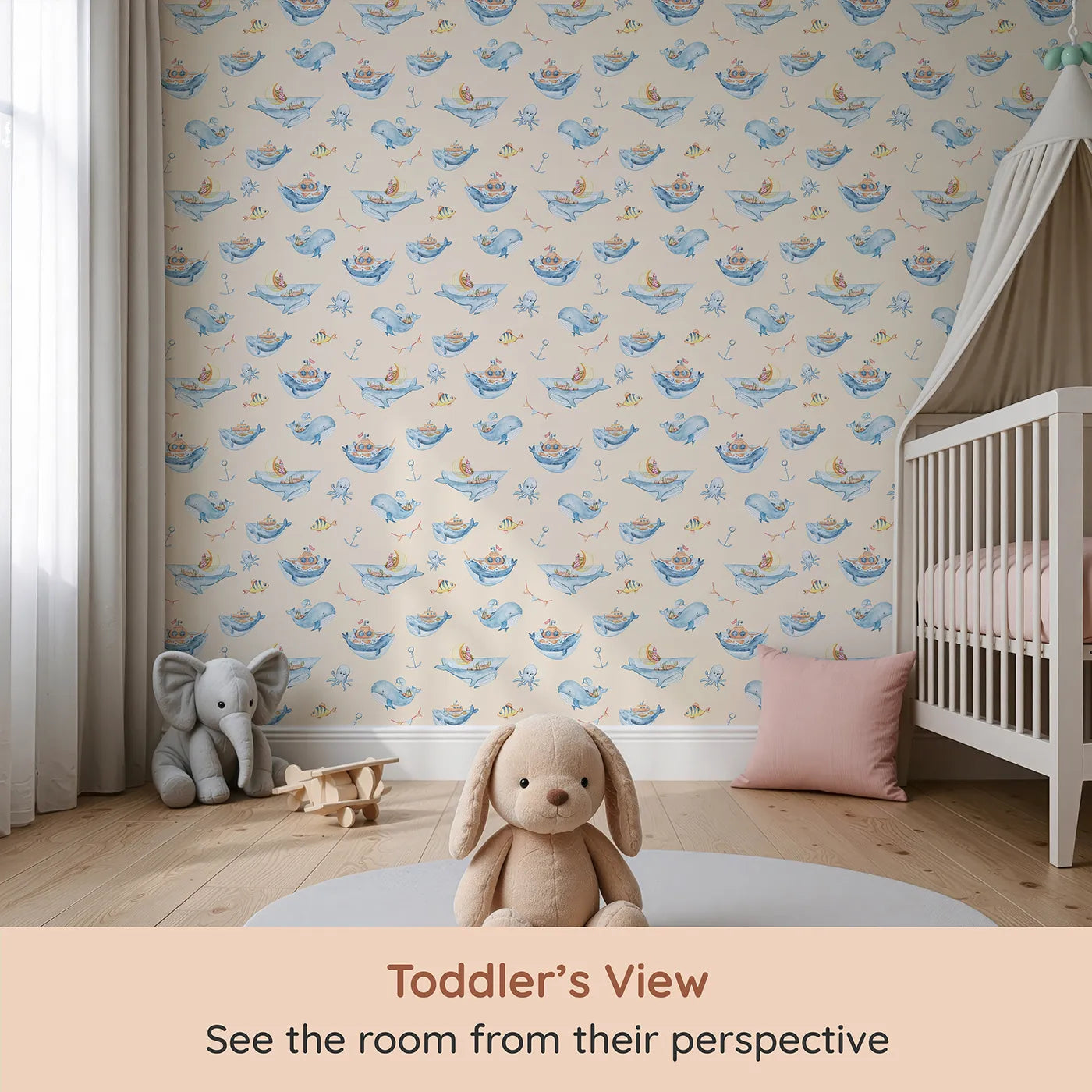 Whimsy Tots Whale Submarine Adventure Wallpaper in Beige (W3312C) from your child's view.Whales and submarines sail young minds toward endless stories.