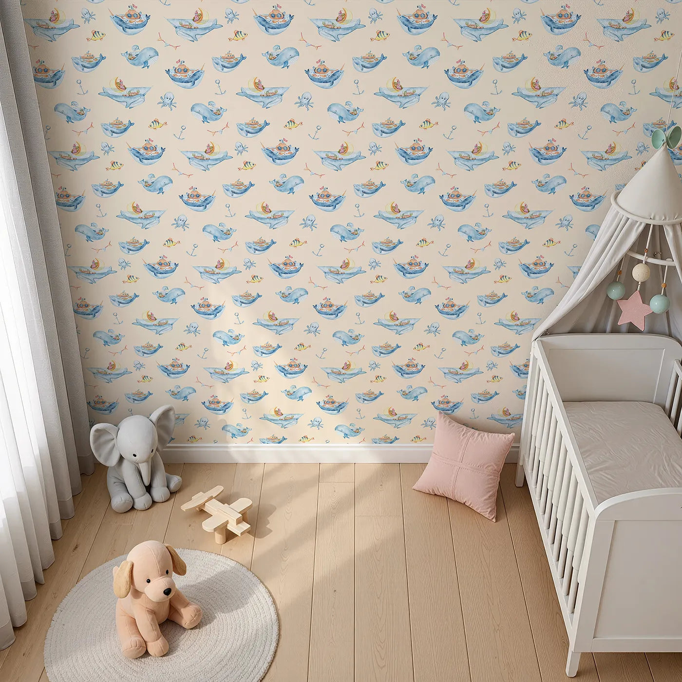 Top-Down view of Whimsy Tots' Whale Submarine Adventure Wallpaper in Beige (W3312C).Whales and submarines sail young minds toward endless stories.