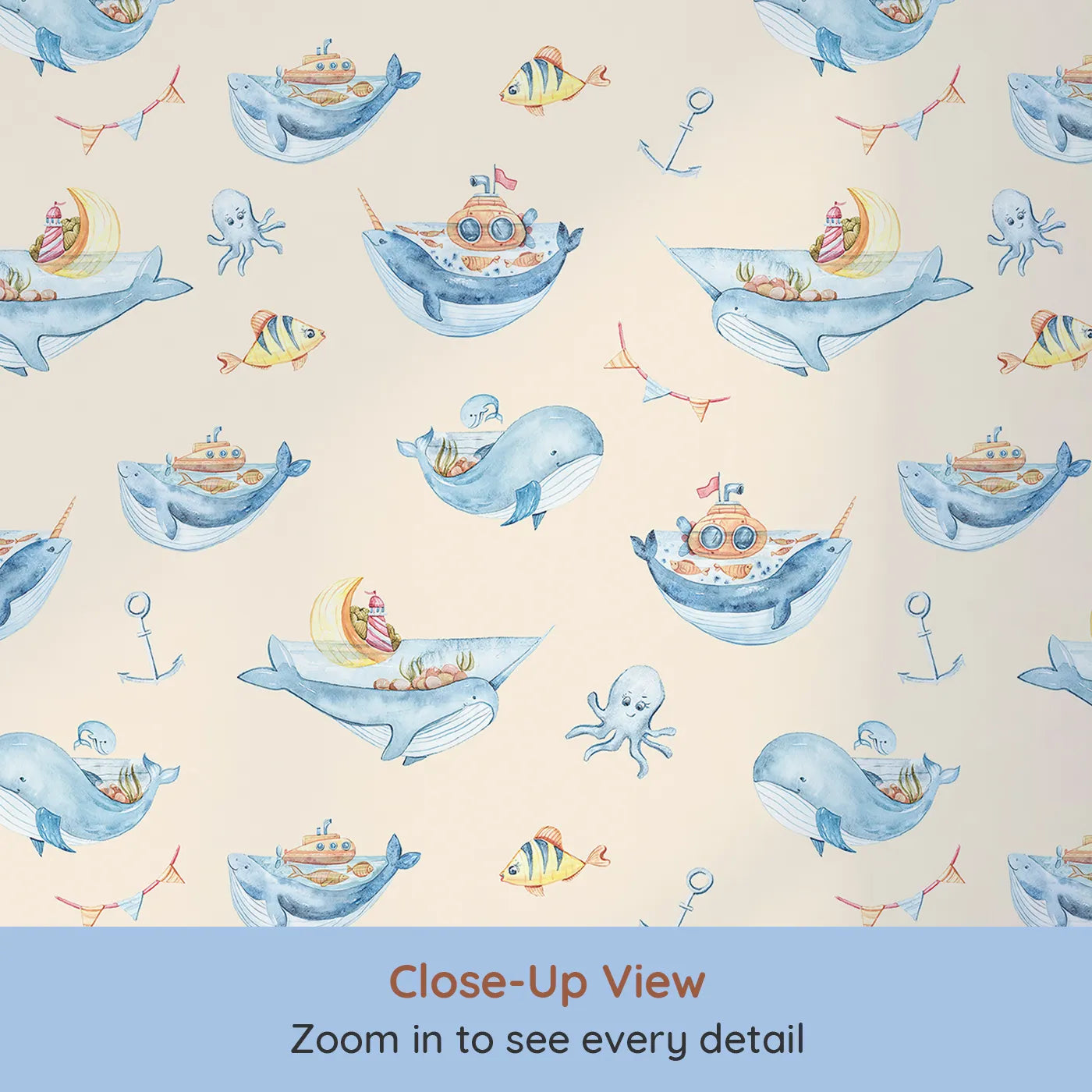 Close-up view of Whimsy Tots' Whale Submarine Adventure Wallpaper in Beige (W3312C).Whales and submarines sail young minds toward endless stories.