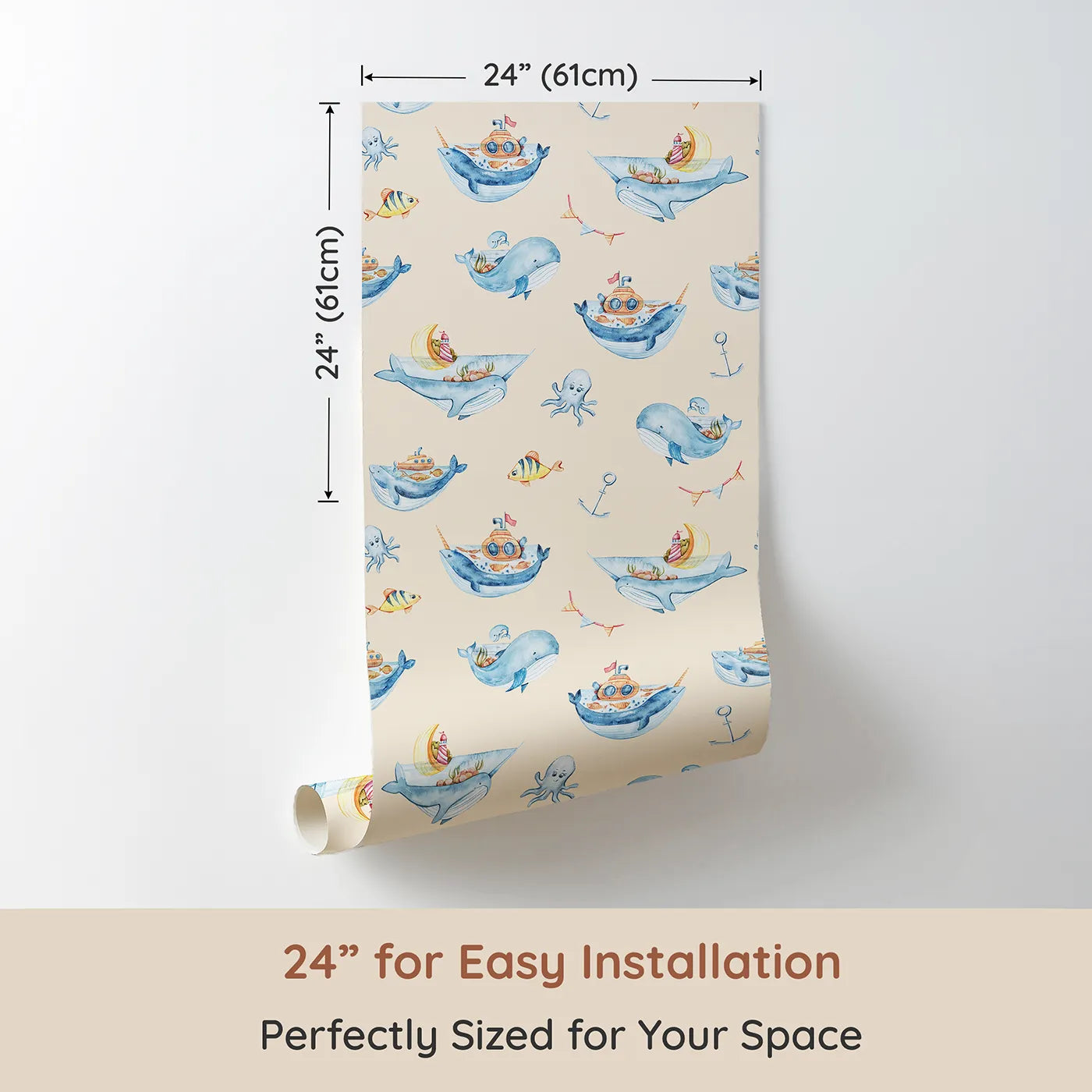 Dimension view of Whimsy Tots Whale Submarine Adventure Wallpaper in Beige (W3312C). Printed in 24-inch-wide panel for easy installation. Whales and submarines sail young minds toward endless stories.