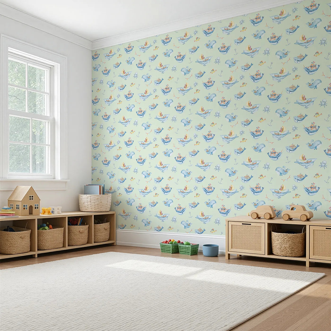 Angled view of Whimsy Tots' Whale Submarine Adventure Wallpaper in Mint Green (W3312D).Whales and submarines sail young minds toward endless stories.