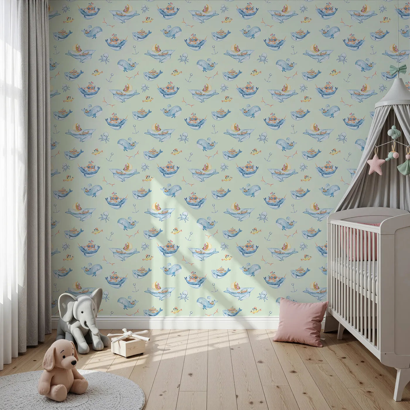 Front view of Whimsy Tots' Whale Submarine Adventure Wallpaper in Mint Green