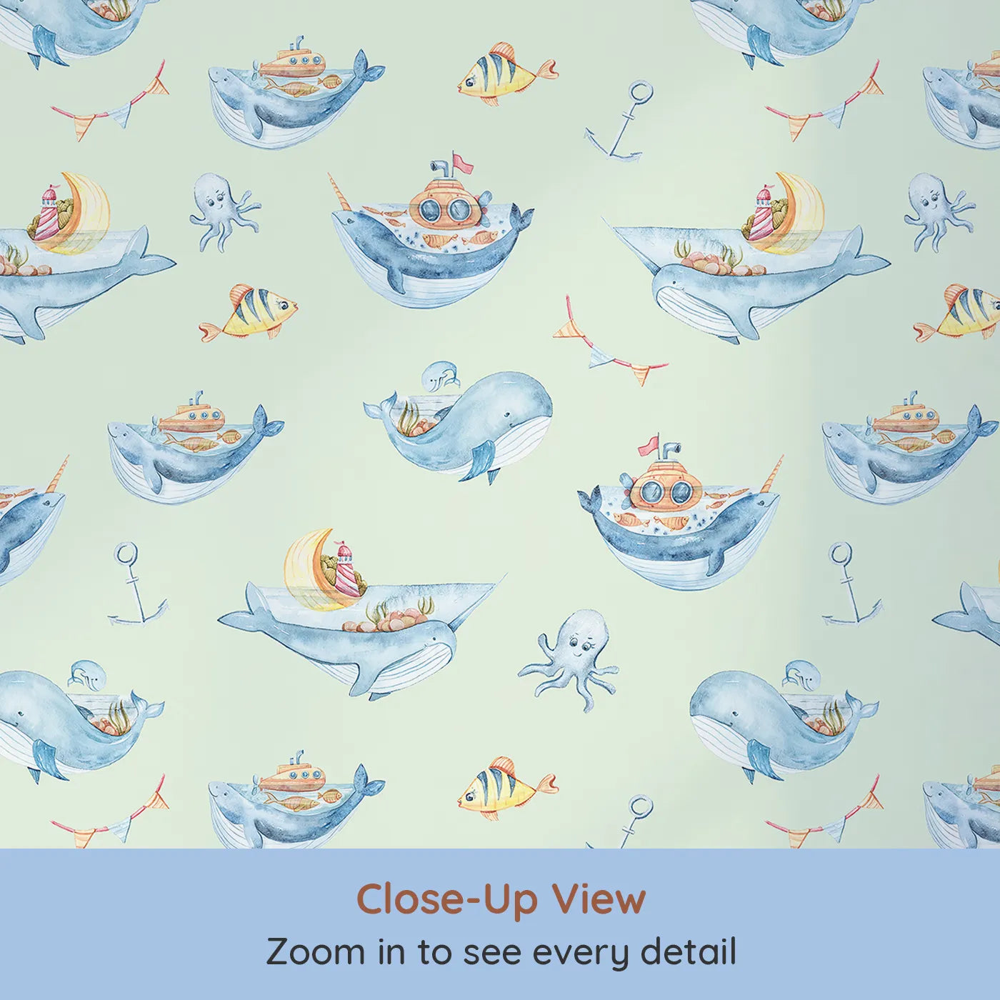 Close-up view of Whimsy Tots' Whale Submarine Adventure Wallpaper in Mint Green (W3312D).Whales and submarines sail young minds toward endless stories.