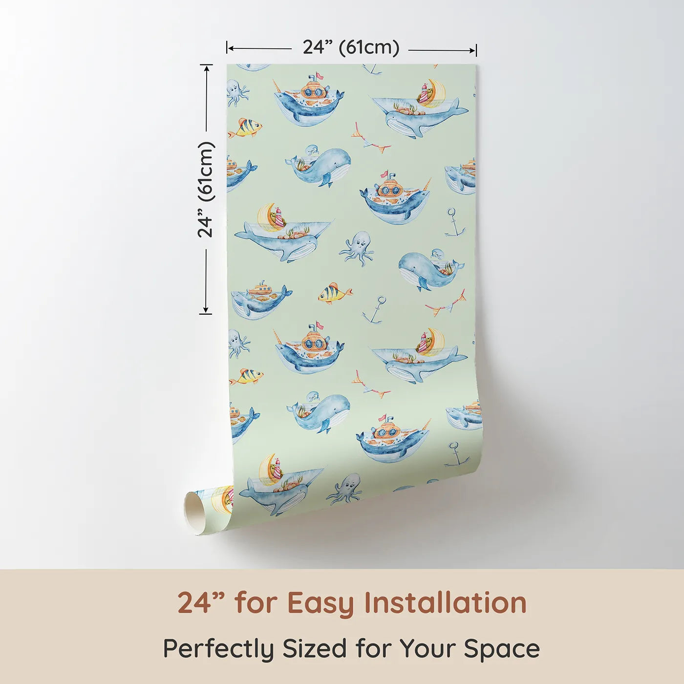 Dimension view of Whimsy Tots Whale Submarine Adventure Wallpaper in Mint Green (W3312D). Printed in 24-inch-wide panel for easy installation. Whales and submarines sail young minds toward endless stories.