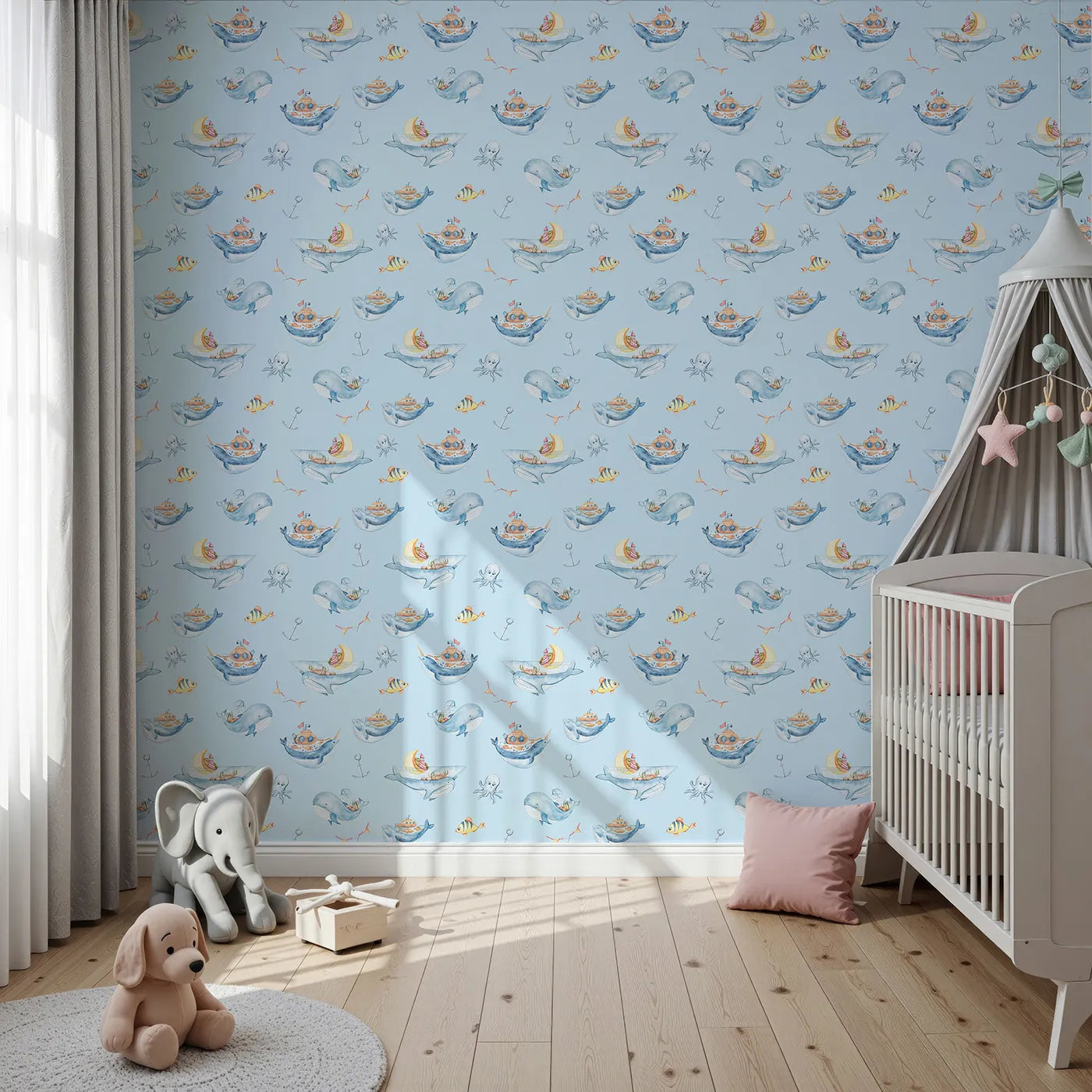 Front view of Whimsy Tots' Whale Submarine Adventure Wallpaper in Sky Blue