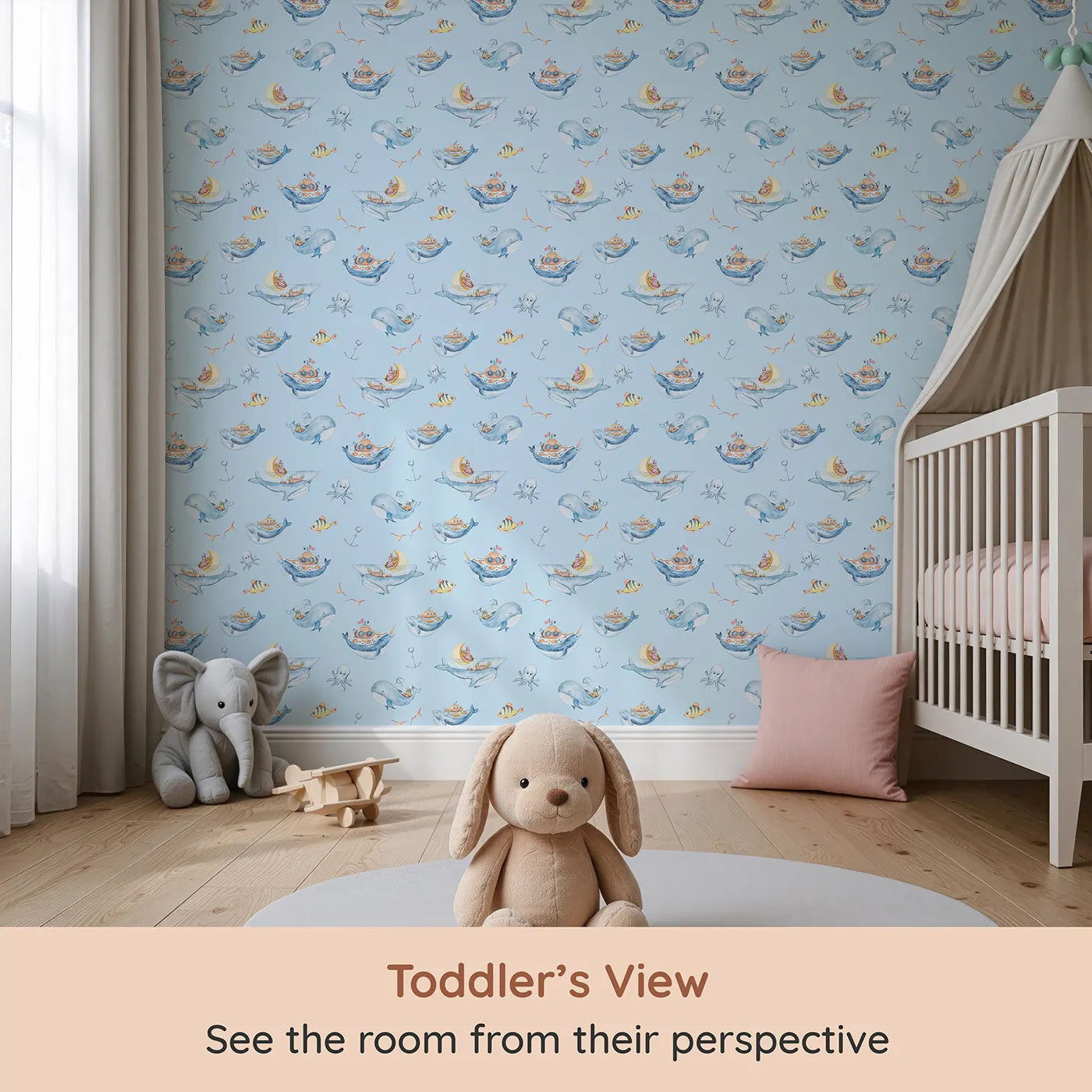 Whimsy Tots Whale Submarine Adventure Wallpaper in Sky Blue (W3312E) from your child's view.Whales and submarines sail young minds toward endless stories.