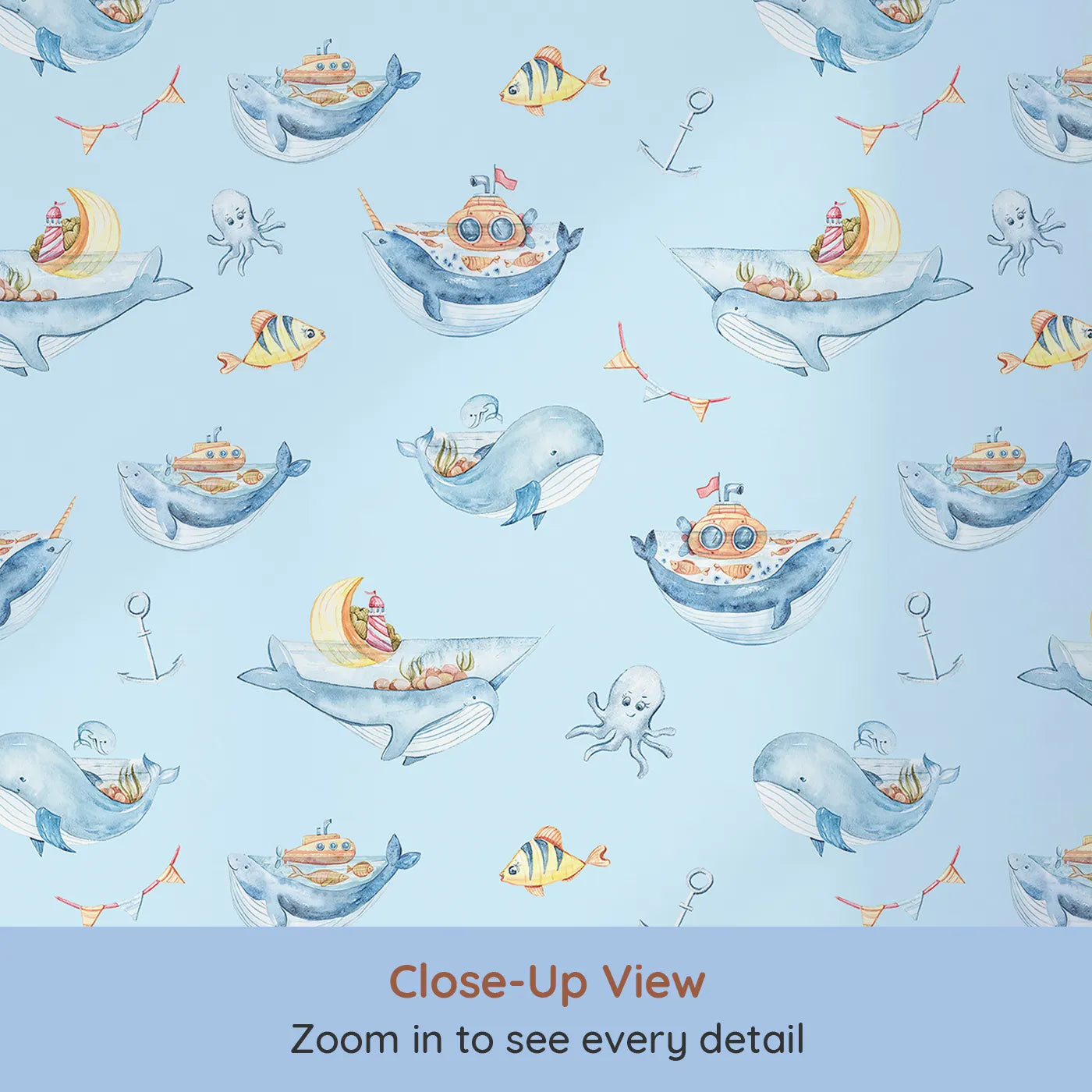 Close-up view of Whimsy Tots' Whale Submarine Adventure Wallpaper in Sky Blue (W3312E).Whales and submarines sail young minds toward endless stories.