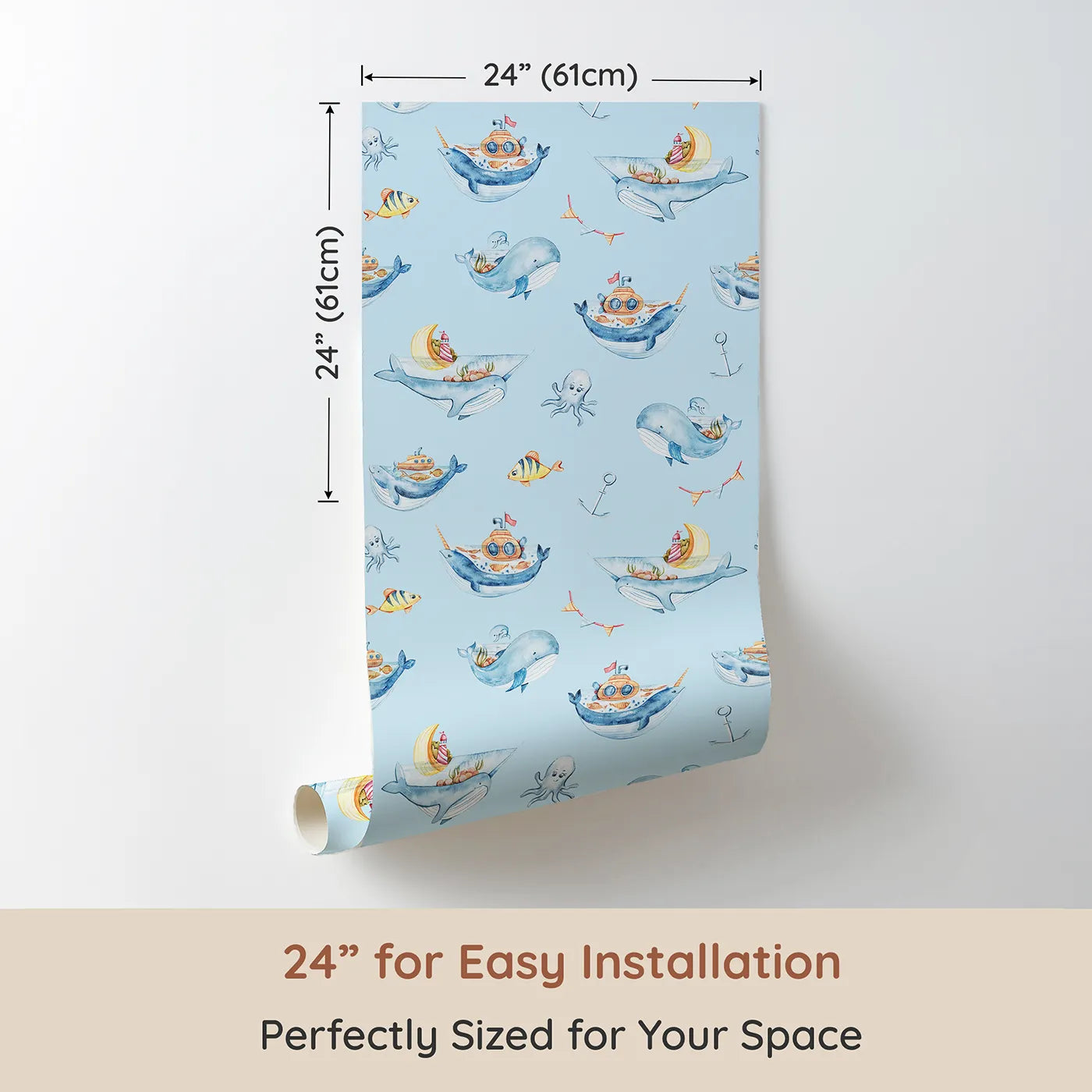 Dimension view of Whimsy Tots Whale Submarine Adventure Wallpaper in Sky Blue (W3312E). Printed in 24-inch-wide panel for easy installation. Whales and submarines sail young minds toward endless stories.