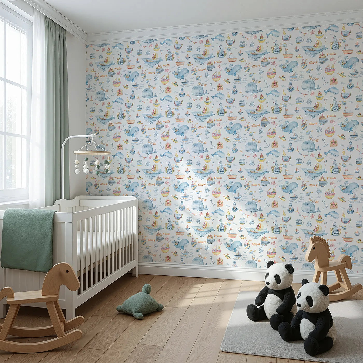 Angled view of Whimsy Tots' Whale Mail Wallpaper in White (W3313A).Happy whales deliver messages and memories across a whimsical ocean world.